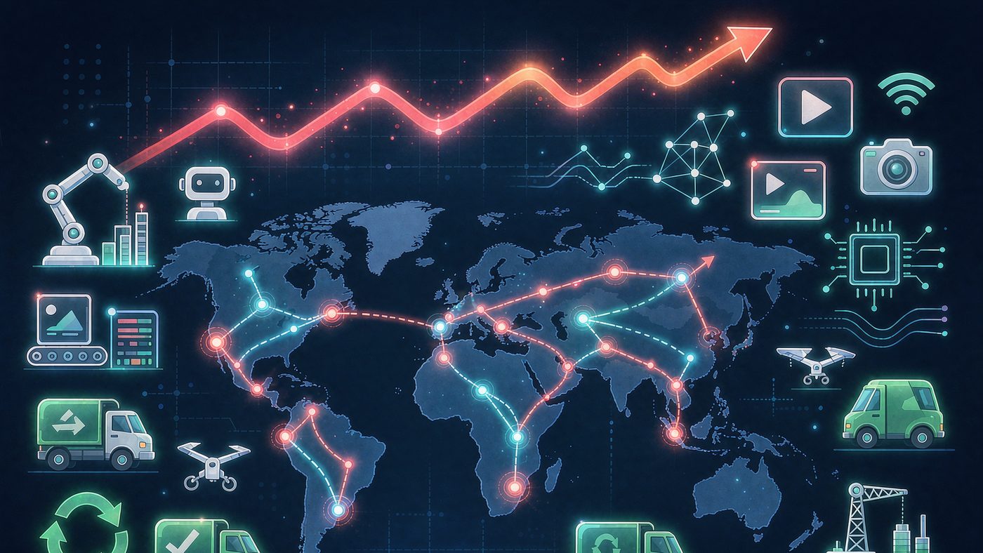 Global trade routes with automation, short video, AI and green logistics icons