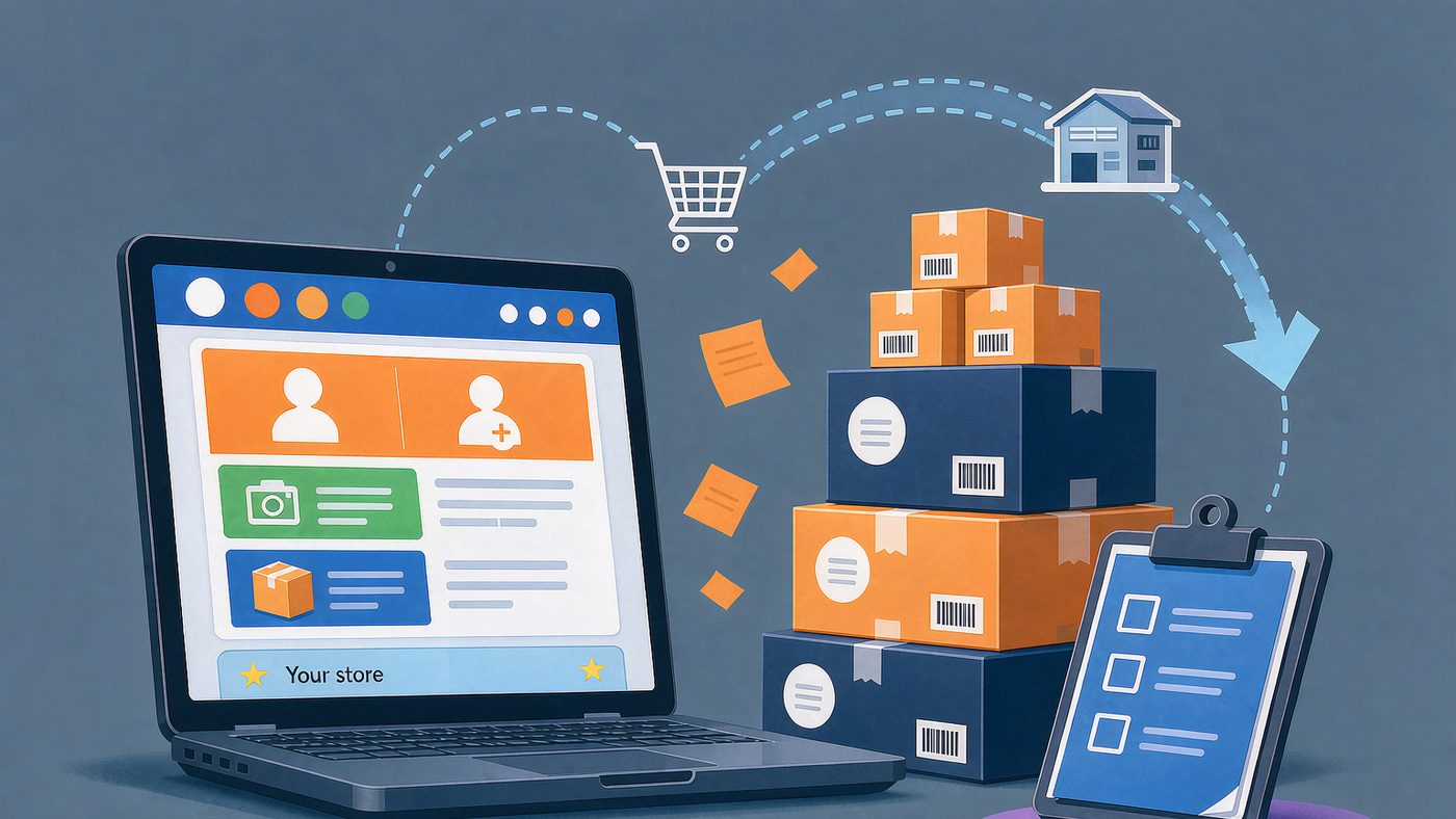 A new seller onboarding setup: dashboard, product boxes and a forward checklist
