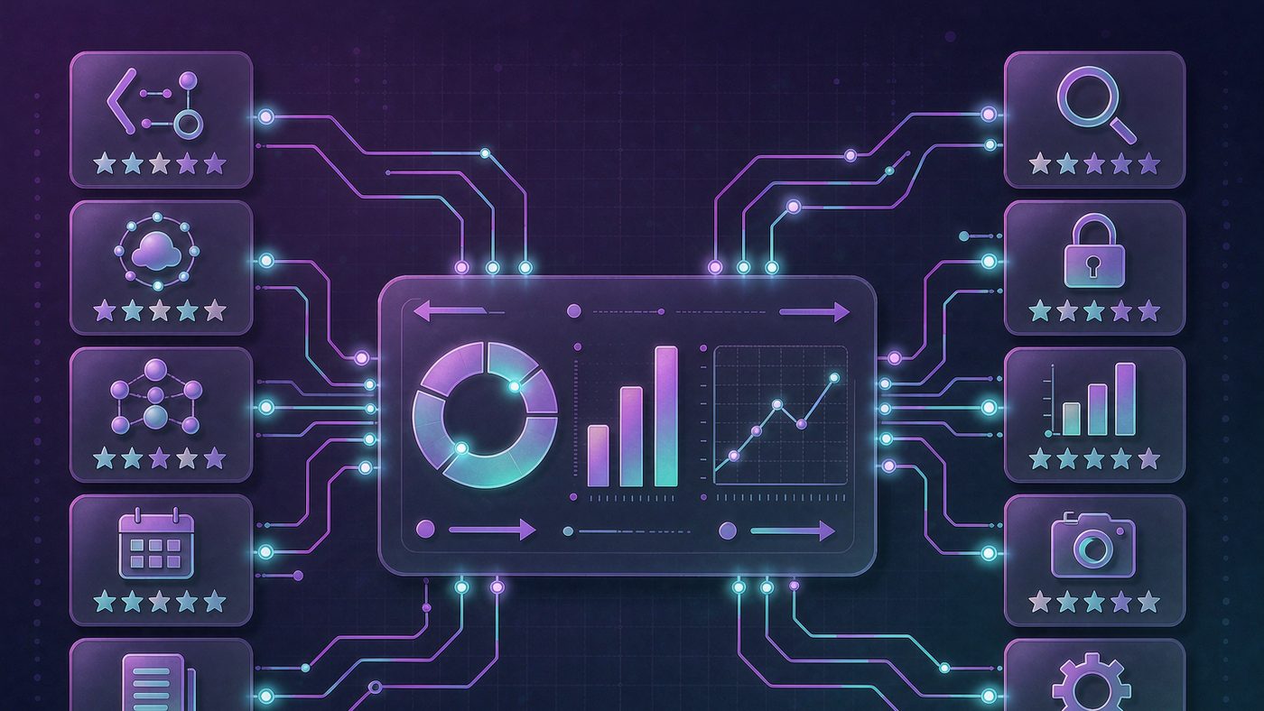A lineup of AI tool cards with ratings connected to a productivity graph