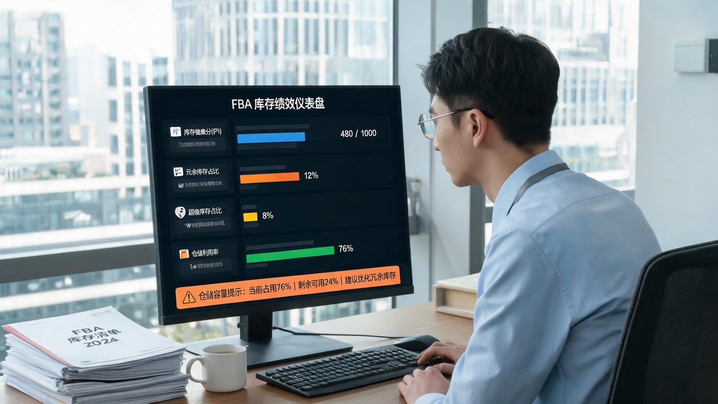 FBA库存绩效页面：屏幕显示IPI分数四项指标与仓储容量条形图