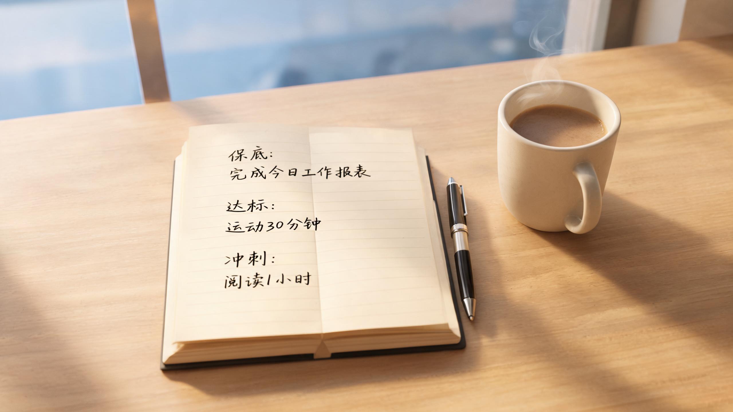 心态场景：手账本上写着三个目标：保底/达标/冲刺，各一行说明