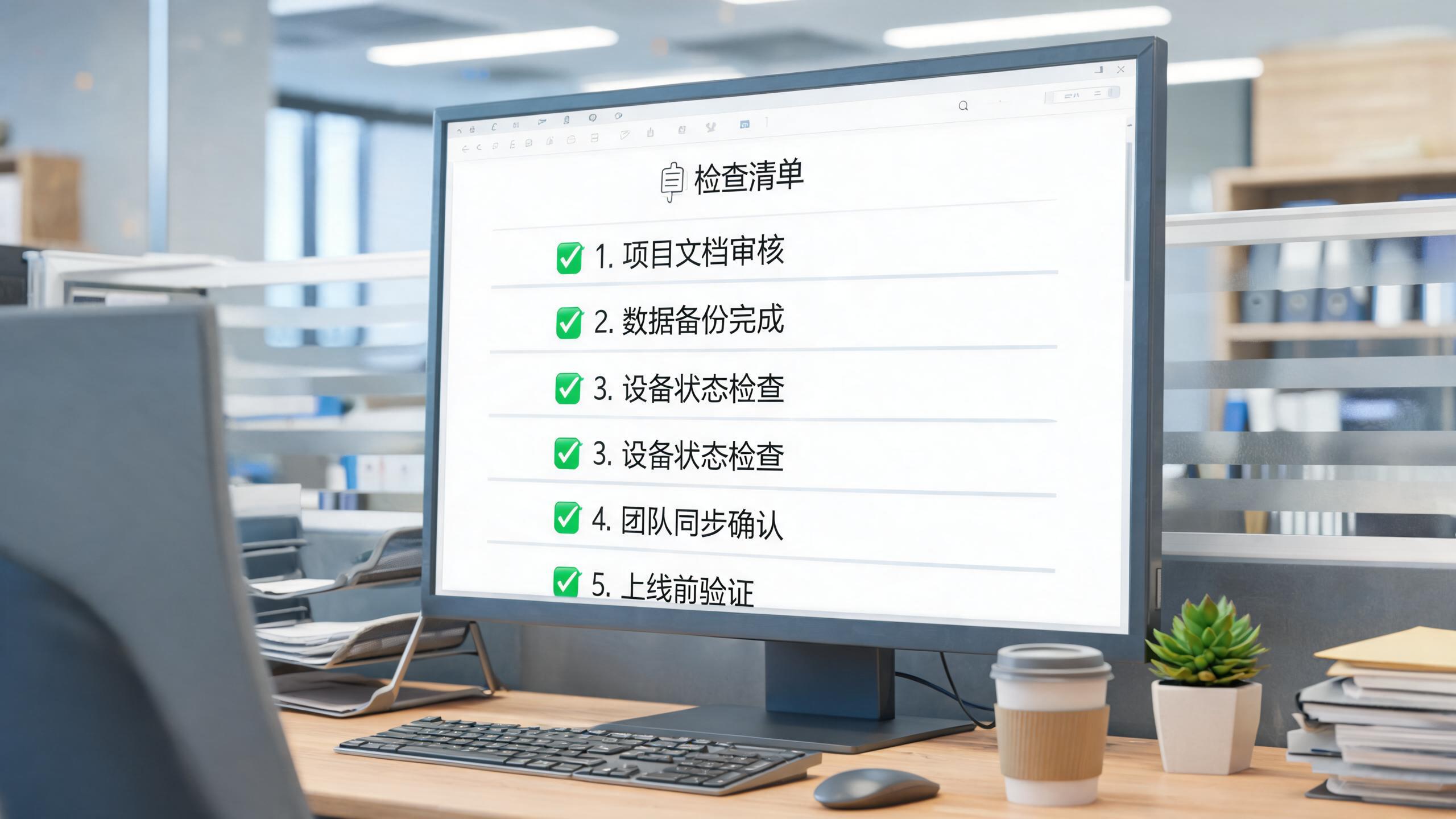 总检场景：屏幕上的五线检查表，各条已打勾