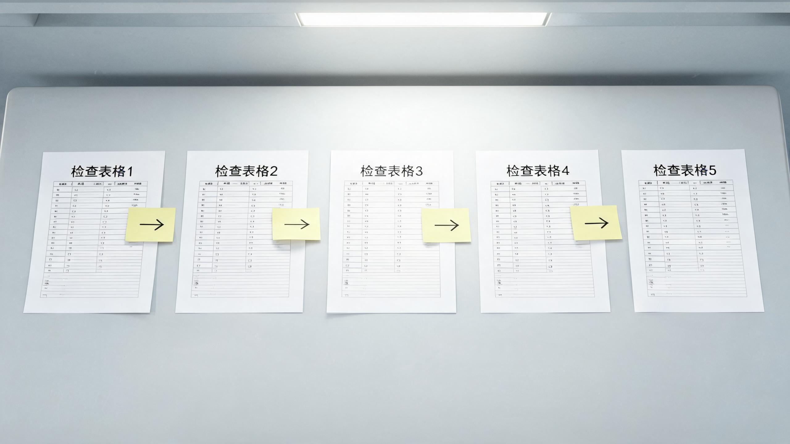终检流程场景：五张表格按顺序排开，箭头标注检查顺序