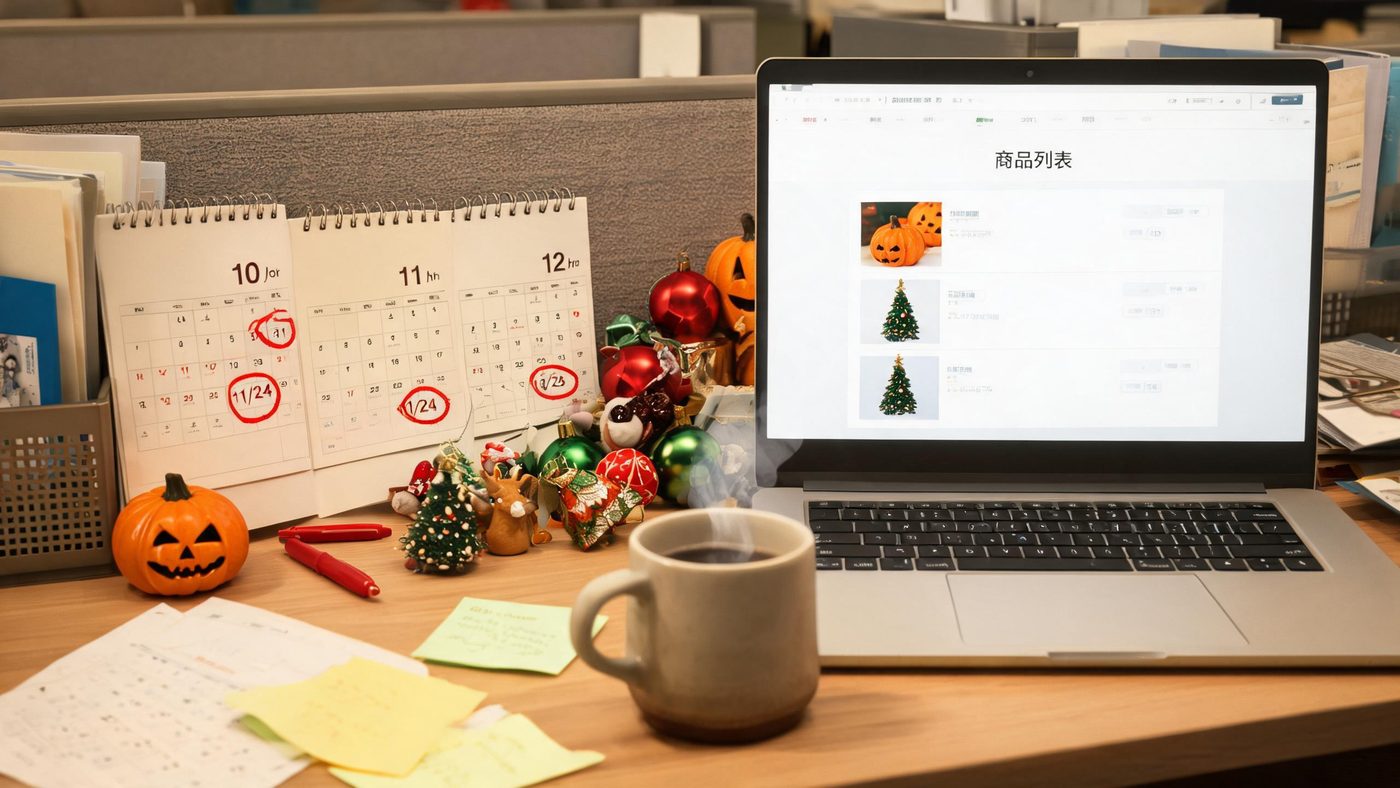 旺季选品规划：办公桌上摊开的节日营销日历和样品