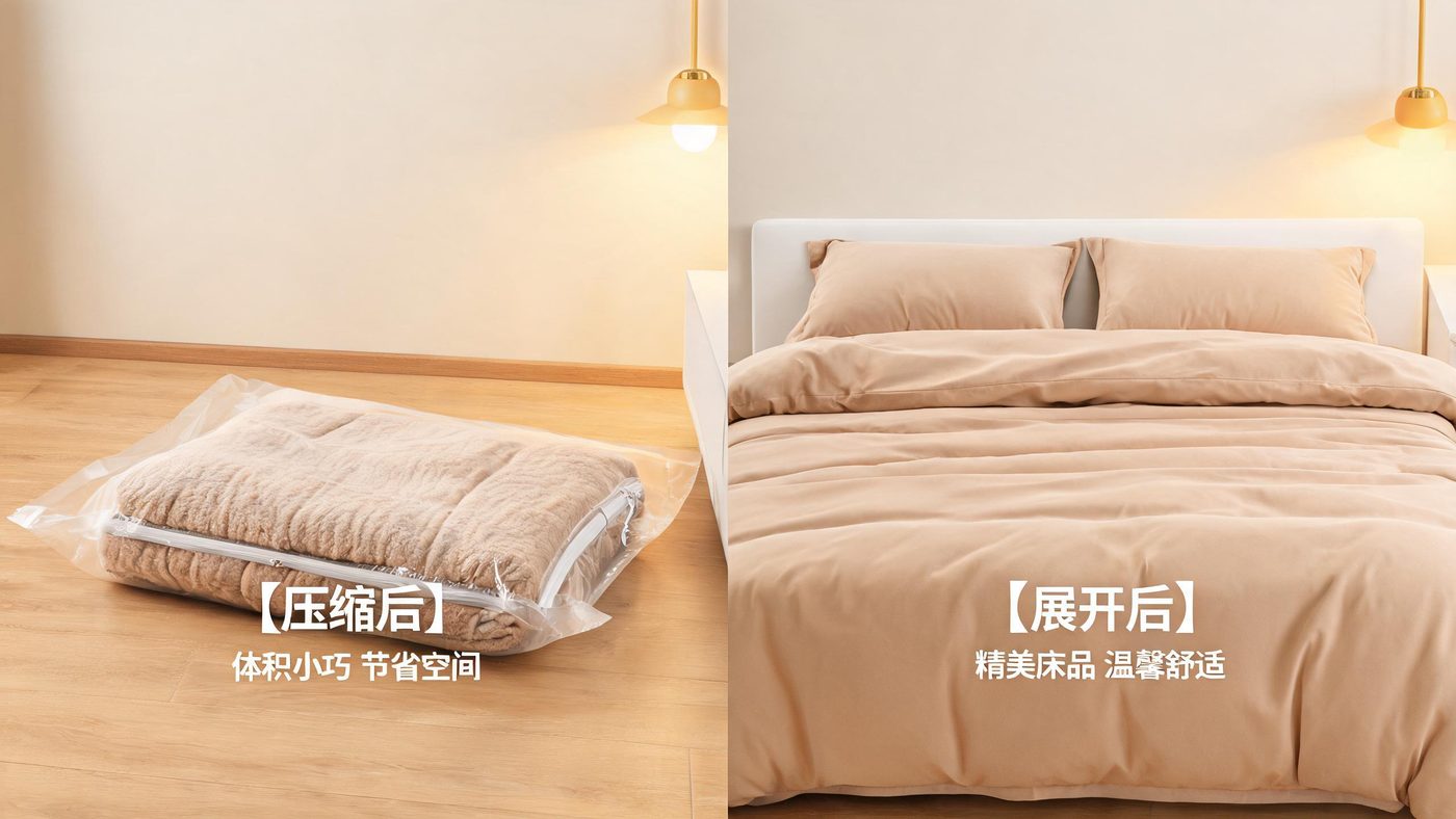 家纺产品场景：展示压缩打包的毛毯与展开后的床品四件套实拍对比