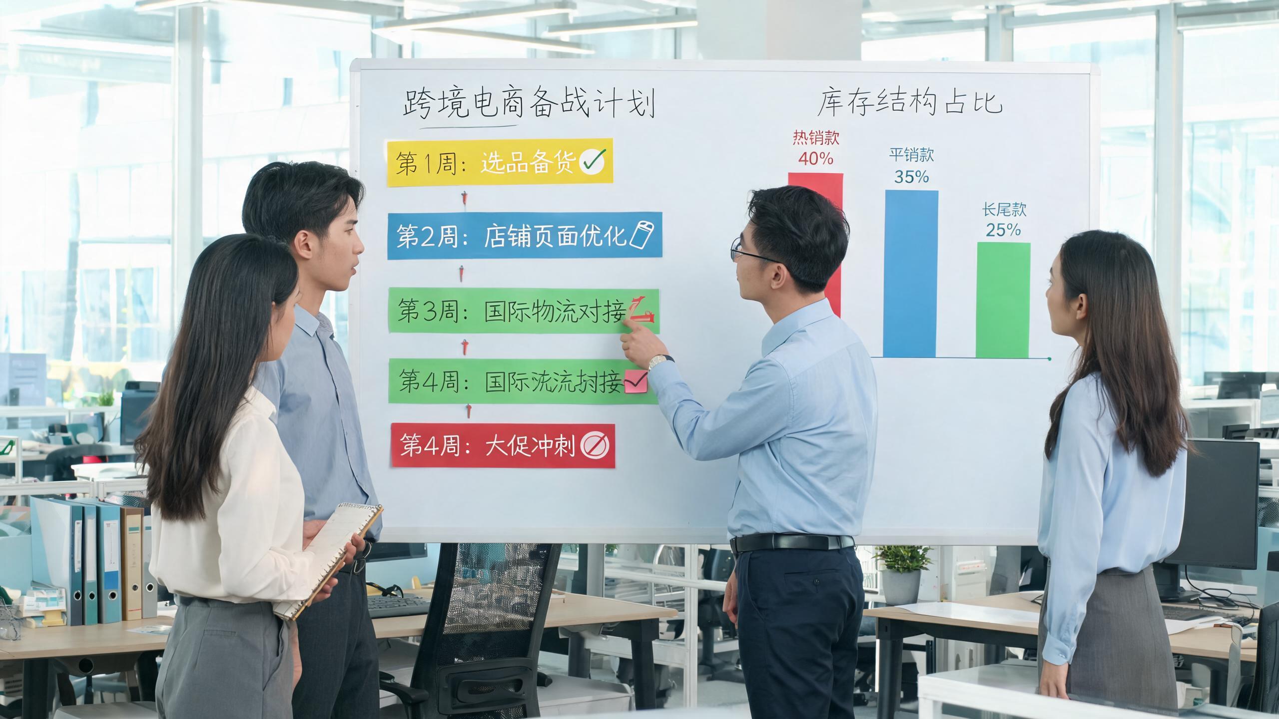 黑五备战计划场景：办公室墙上贴着4周备战时间表与库存三层结构图