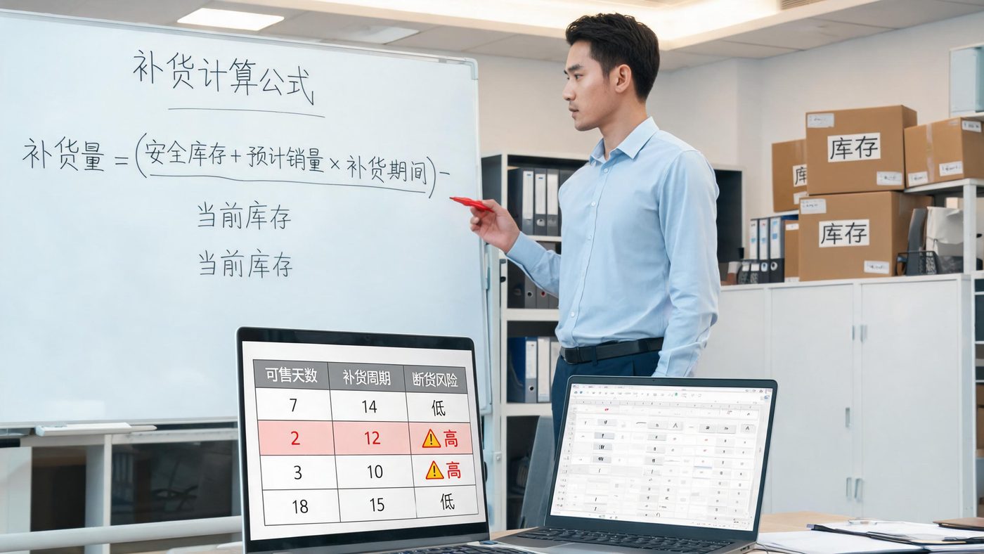 库存盘点场景：电脑表格展示可售天数、补货周期、断货风险三列数据与预警标记