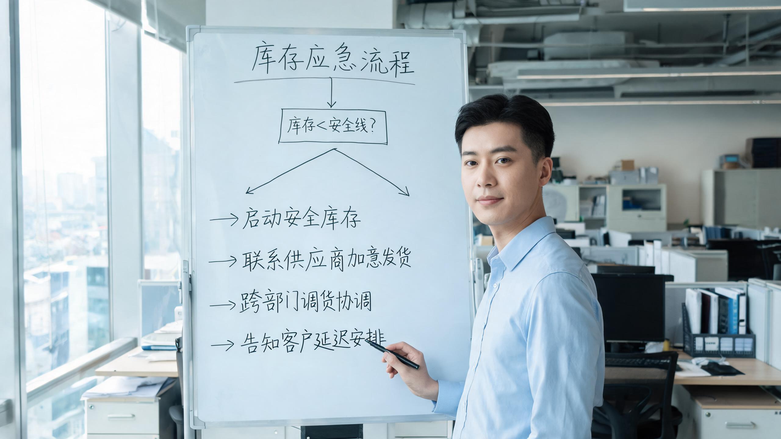 决策树场景：白板上手绘的库存应急决策流程图，各分支标注动作与时限