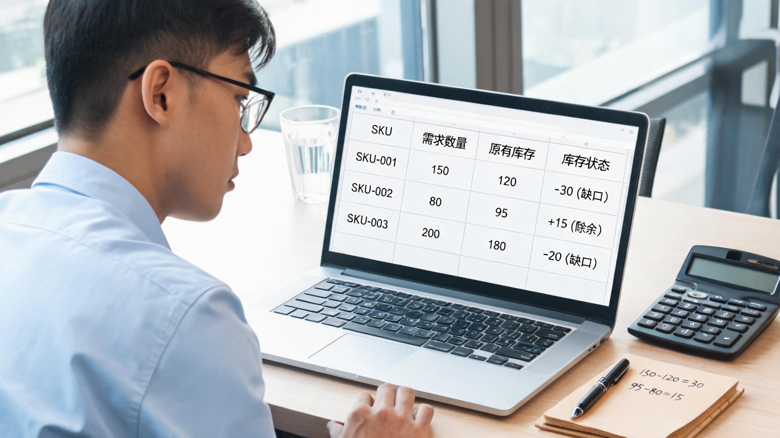 库存计算场景：屏幕上的SKU库存表格与计算标注，各列显示需求与库存对比