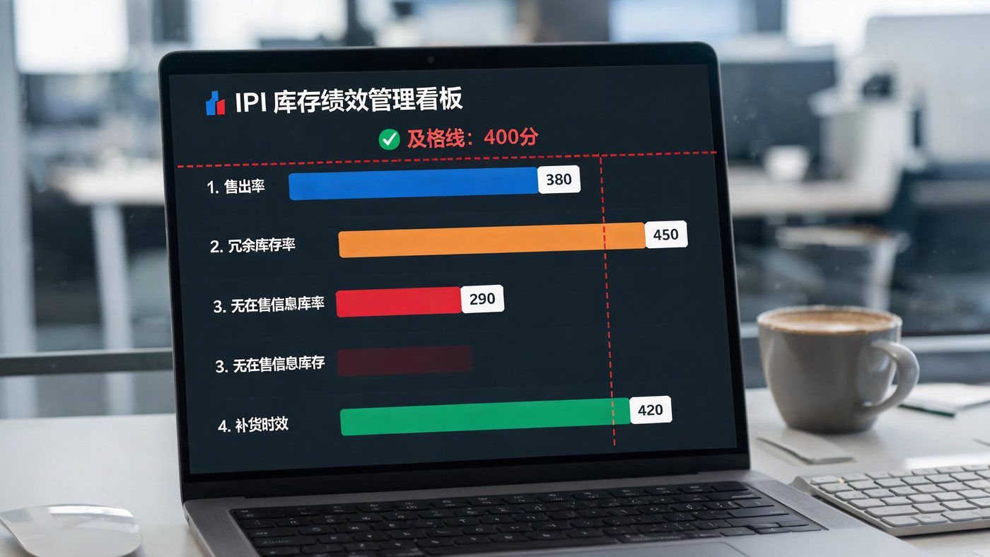 IPI库存绩效页面：屏幕展示四项绩效指标的分数条形图与仓储容量提示
