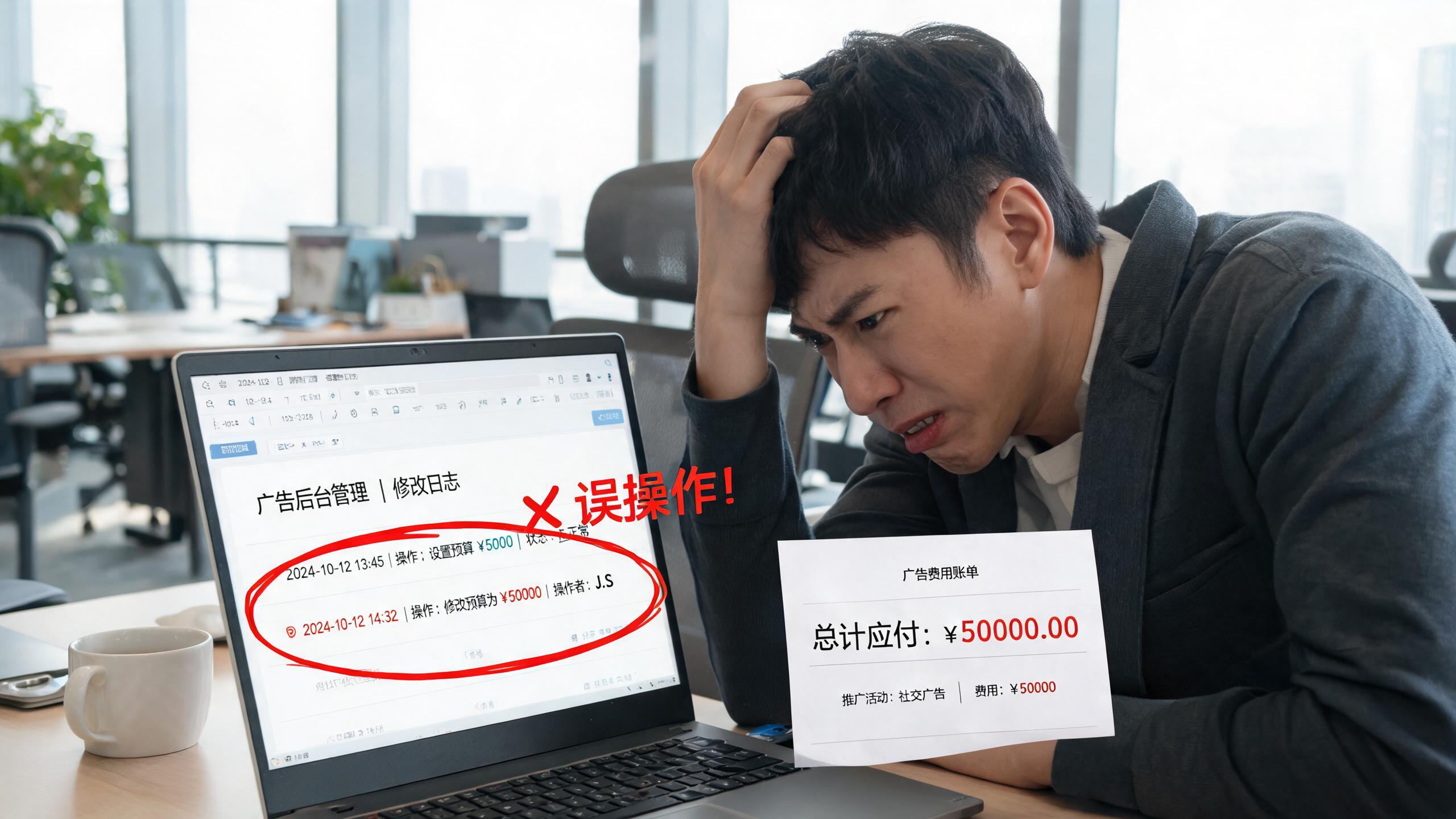 手痒教训场景：广告后台界面与红笔圈出的修改记录，旁边是账单
