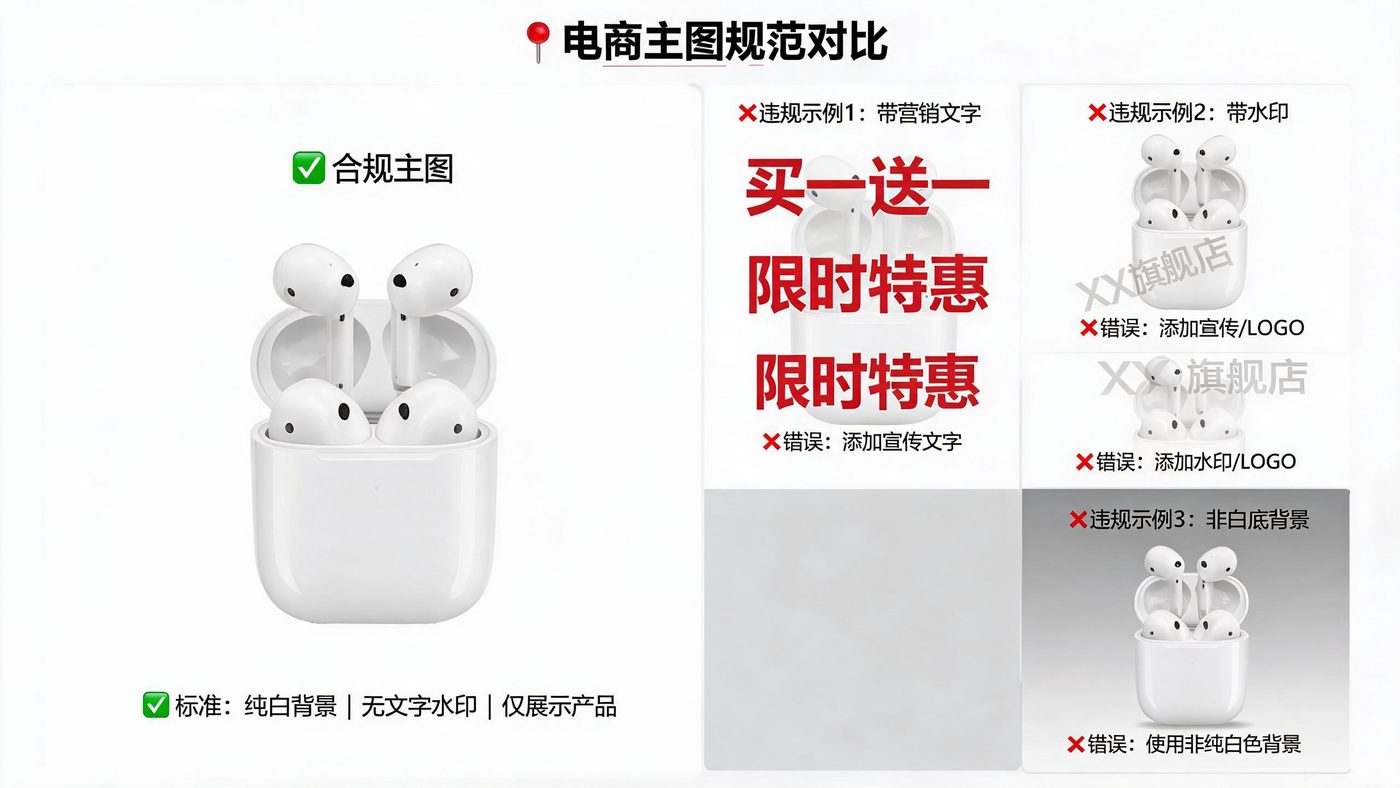 主图规范对比场景：展示白底产品图与多种常见违规主图类型的对比示例