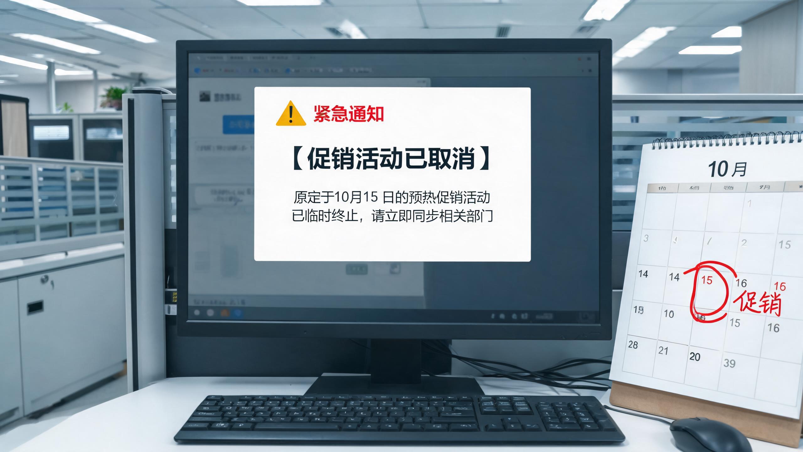 意外场景：屏幕上促销被取消的通知与物流冲突的日历标注