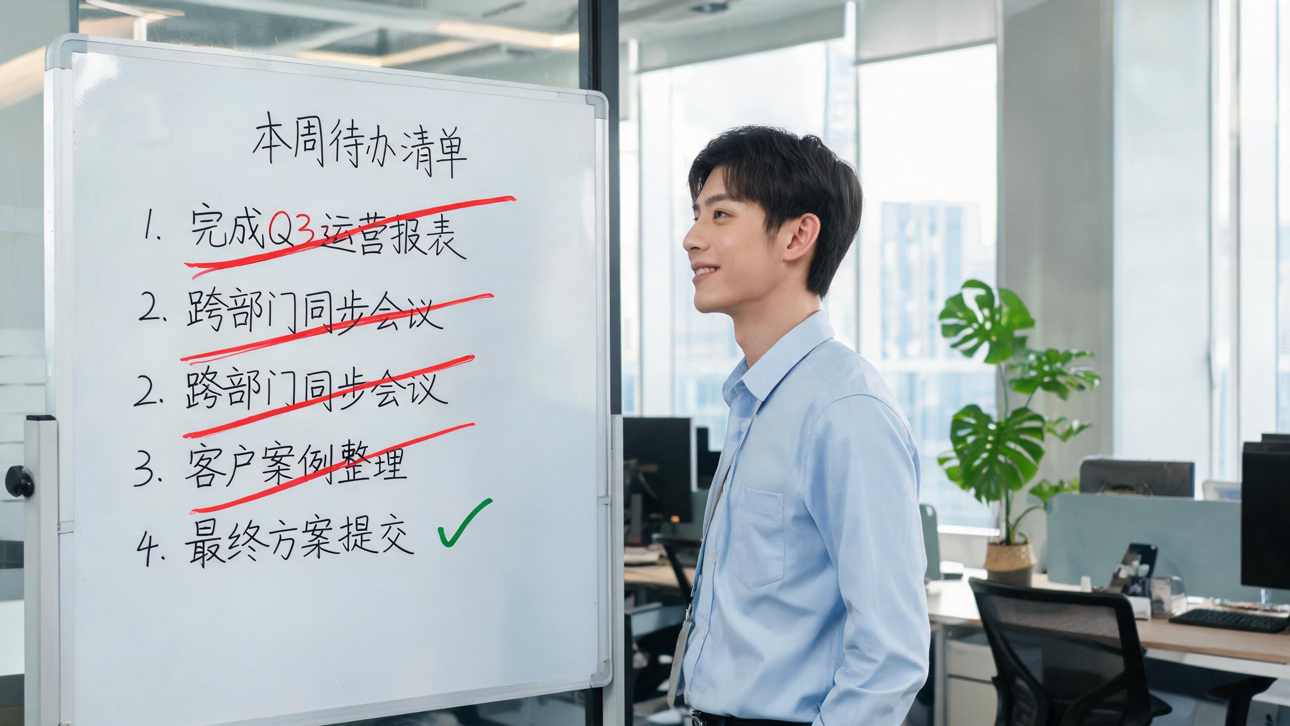 减法清单场景：白板上写着四件事的清单，其余条目被划掉