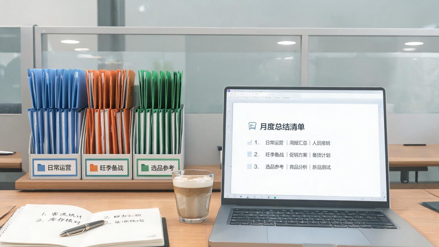 月度总结场景：办公桌上摊开笔记本与电脑展示内容清单，背景是整理好的文件夹