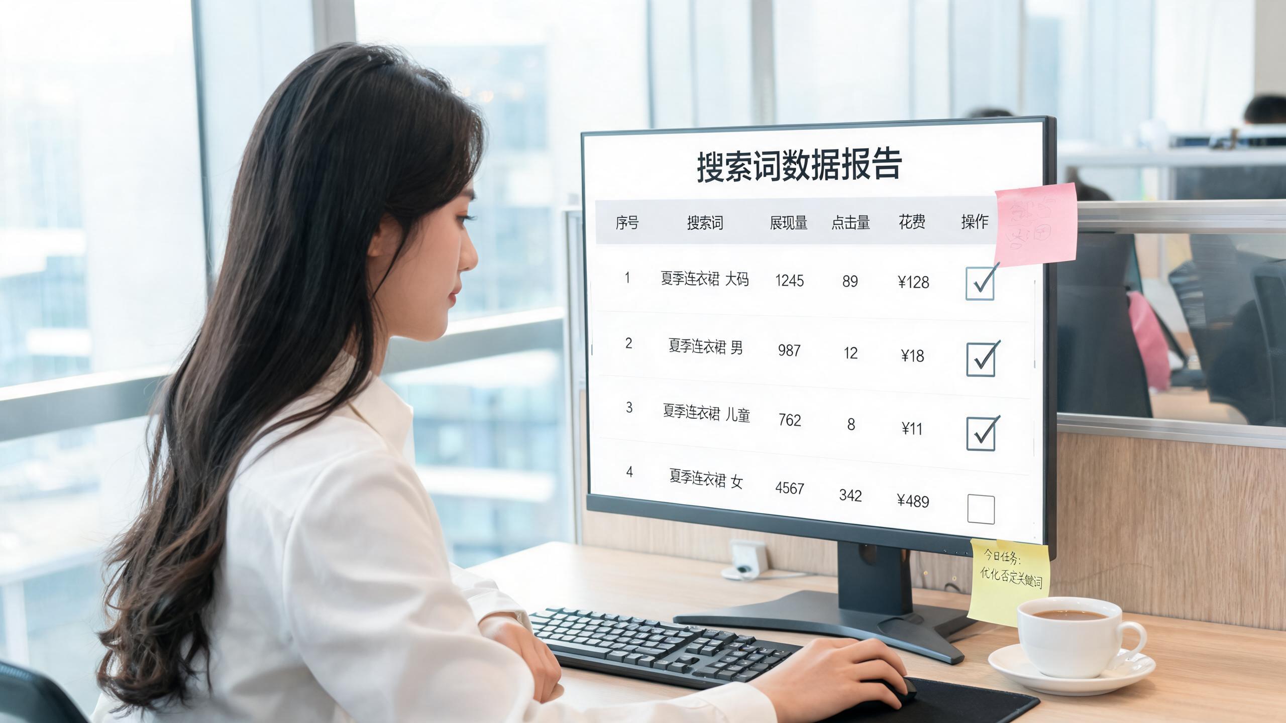 否定词管理场景：屏幕展示搜索词报告与批量否定操作的界面