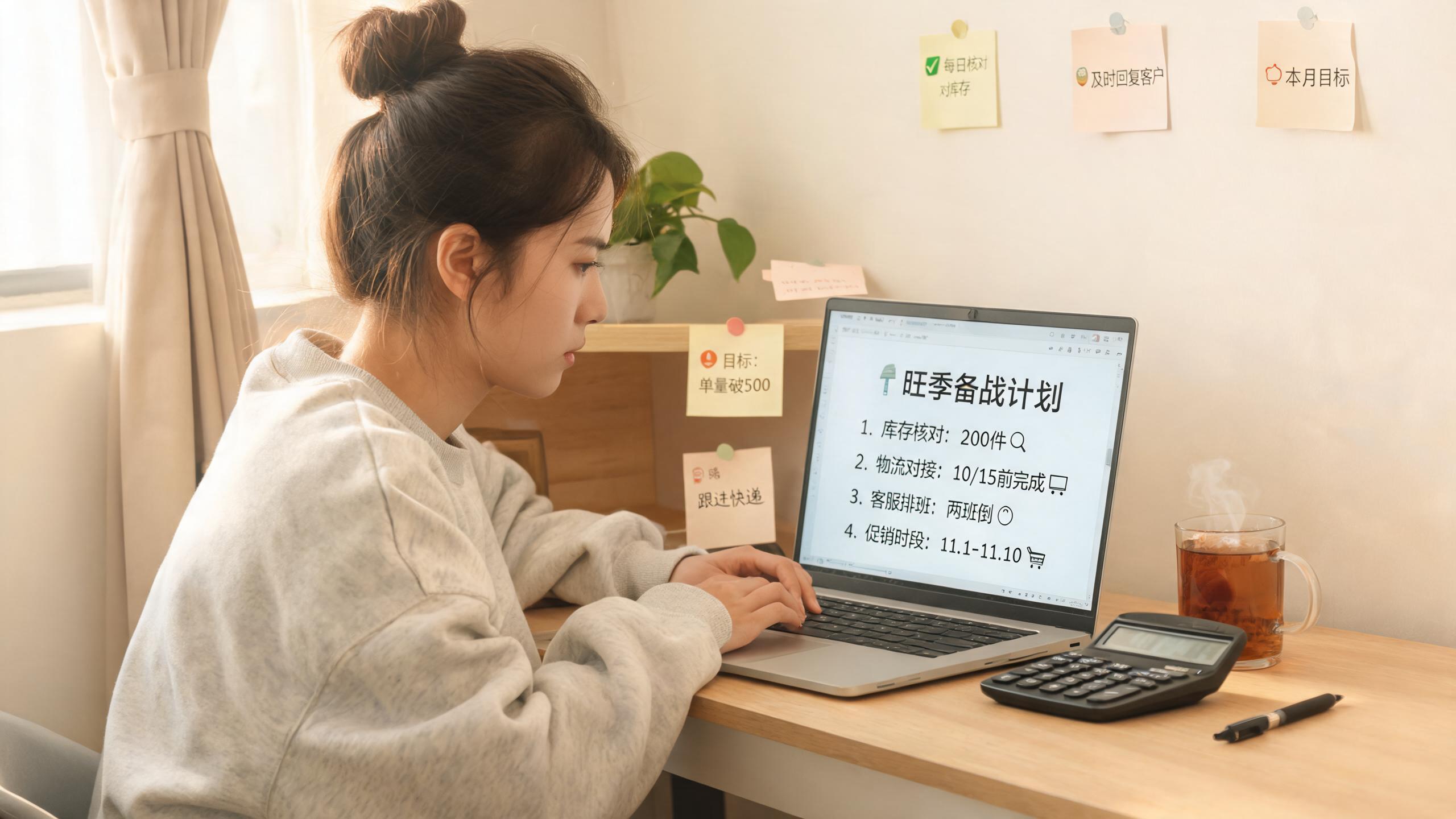 新卖家黑五场景：小型工作室里卖家在笔记本前核对保守的备战计划