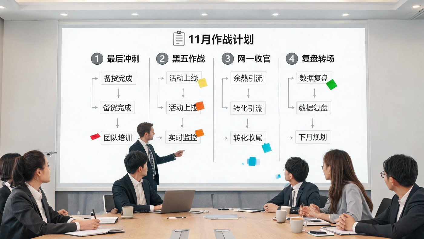 11月作战计划场景：白板上画着四周的作战阶段图与关键节点标注
