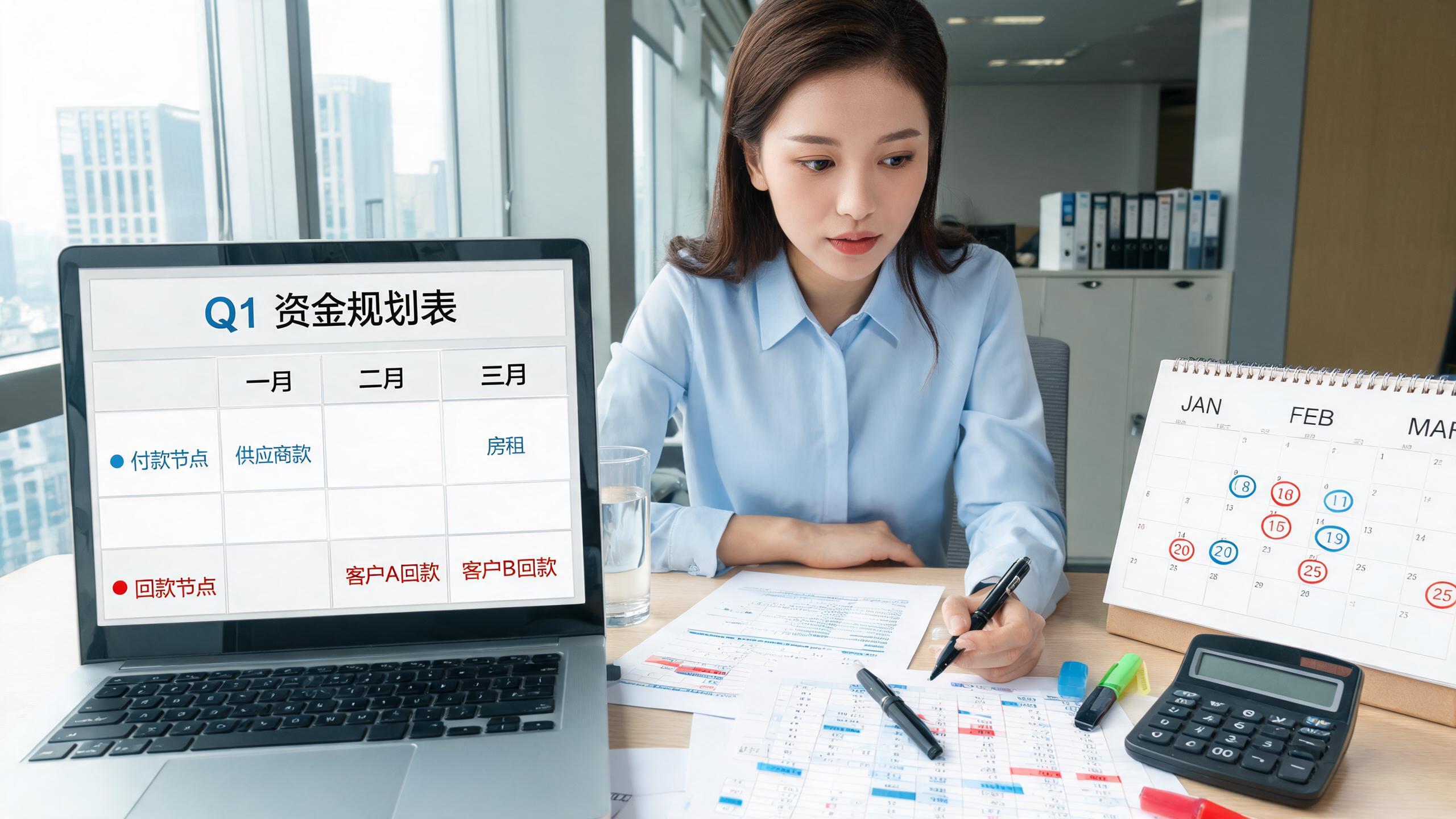 资金日历场景：屏幕展示Q4回款与付款的时间轴对齐表