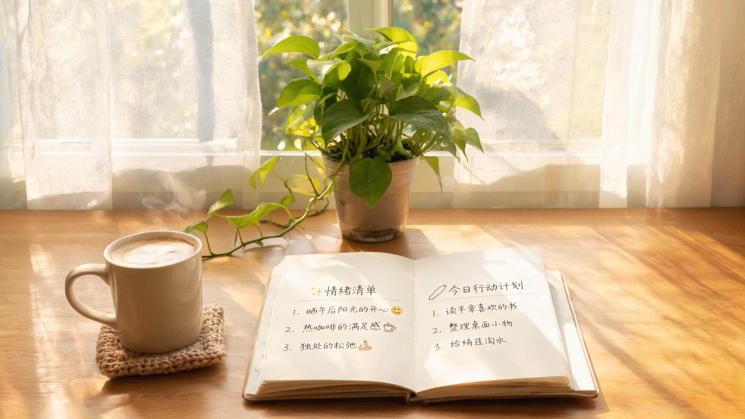 心态建设场景：咖啡杯旁放着一本手账，页面写着情绪清单与行动计划