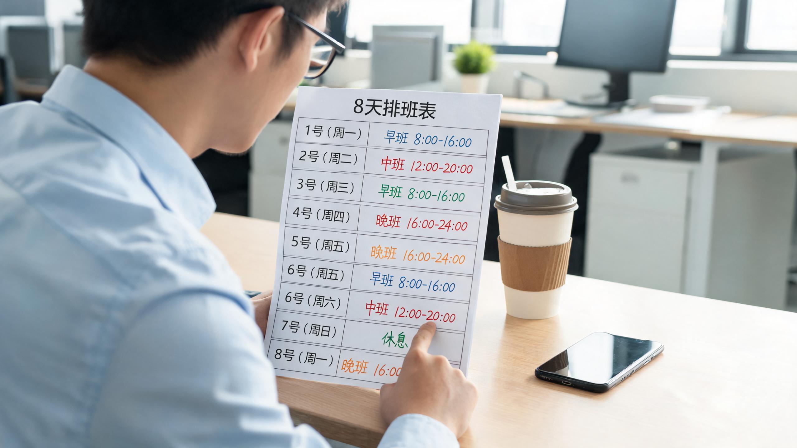 客服排班场景：桌面上8天排班表，用不同颜色标注不同班次