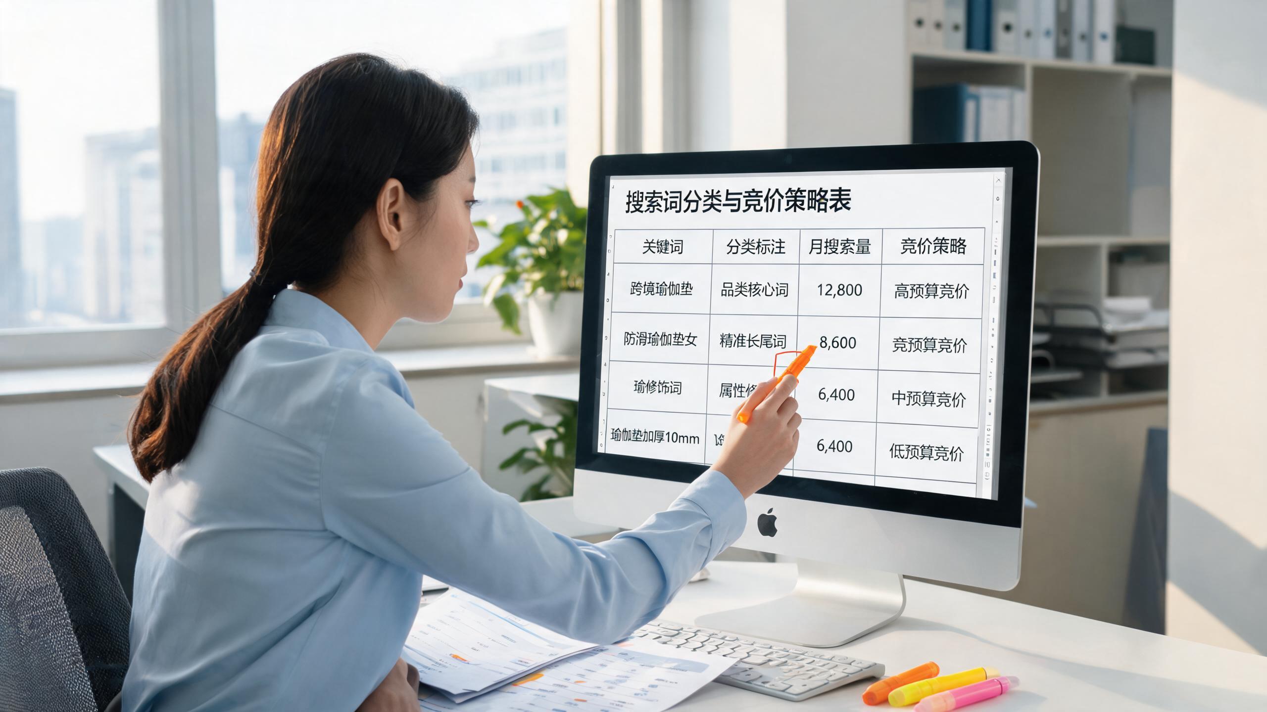 蓄水收尾场景：屏幕展示搜索词报告的词分类标注与竞价底牌表格