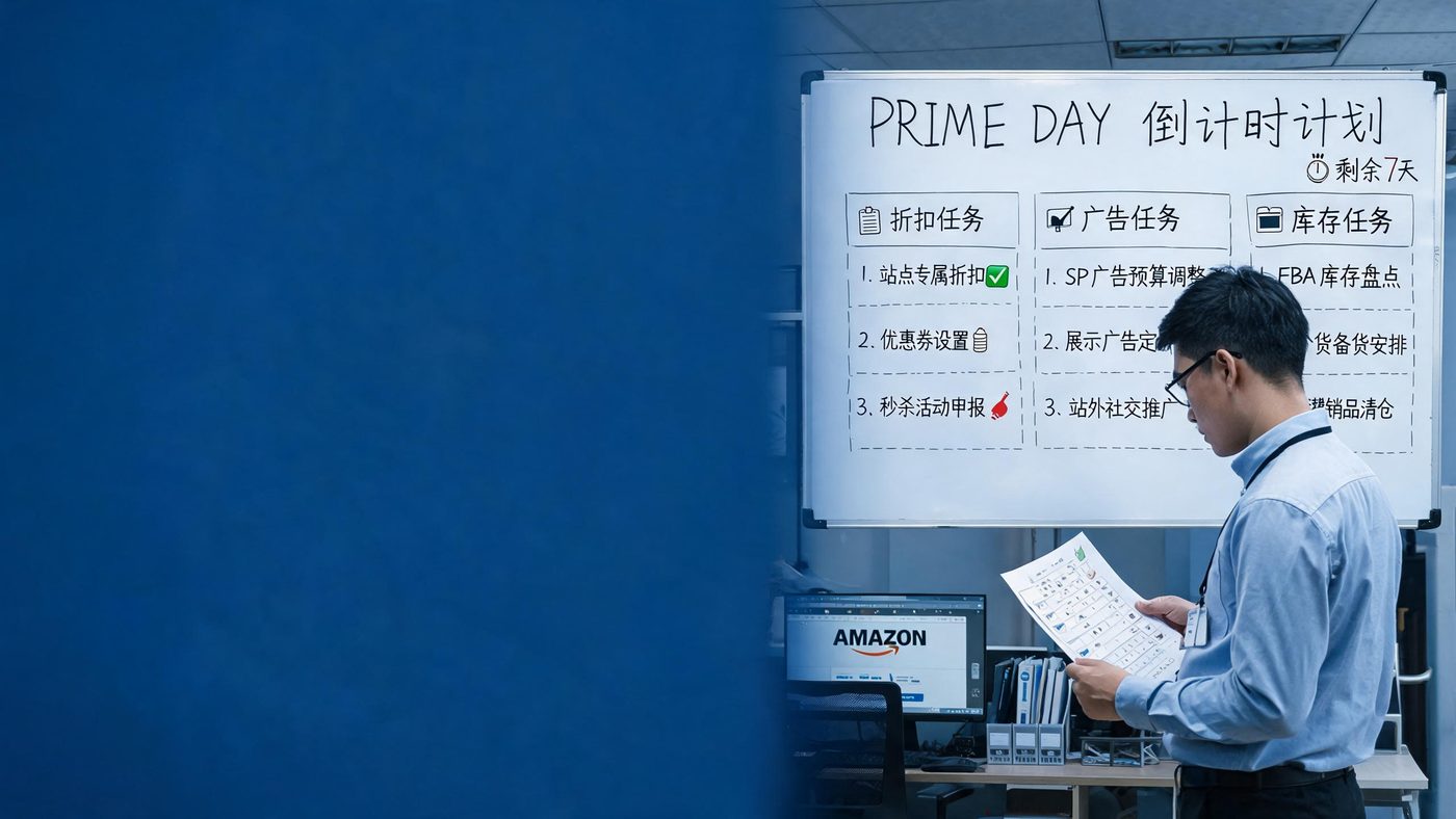 卖家在日历上标注Prime大促倒计时，手中是折扣、广告、库存检查清单