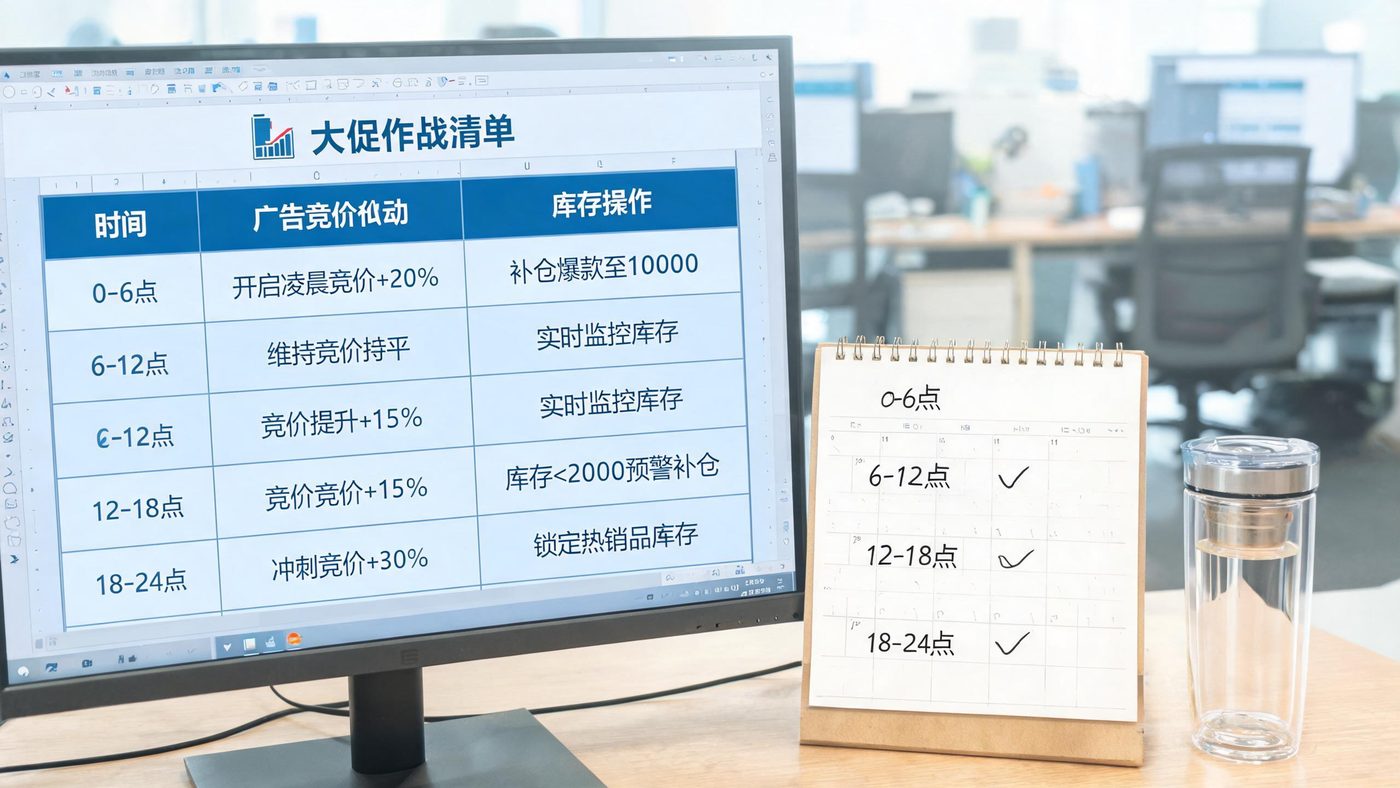大促作战清单：屏幕上展示按小时划分的广告与库存动作表格