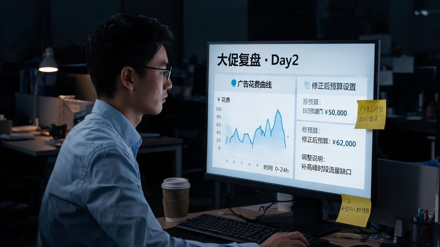 大促第二天运营复盘场景：屏幕显示广告花费曲线与修正后的预算设置