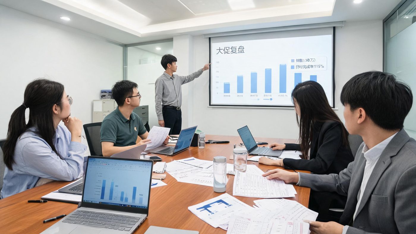 大促后复盘会：团队围坐分析屏幕上的大促数据图表