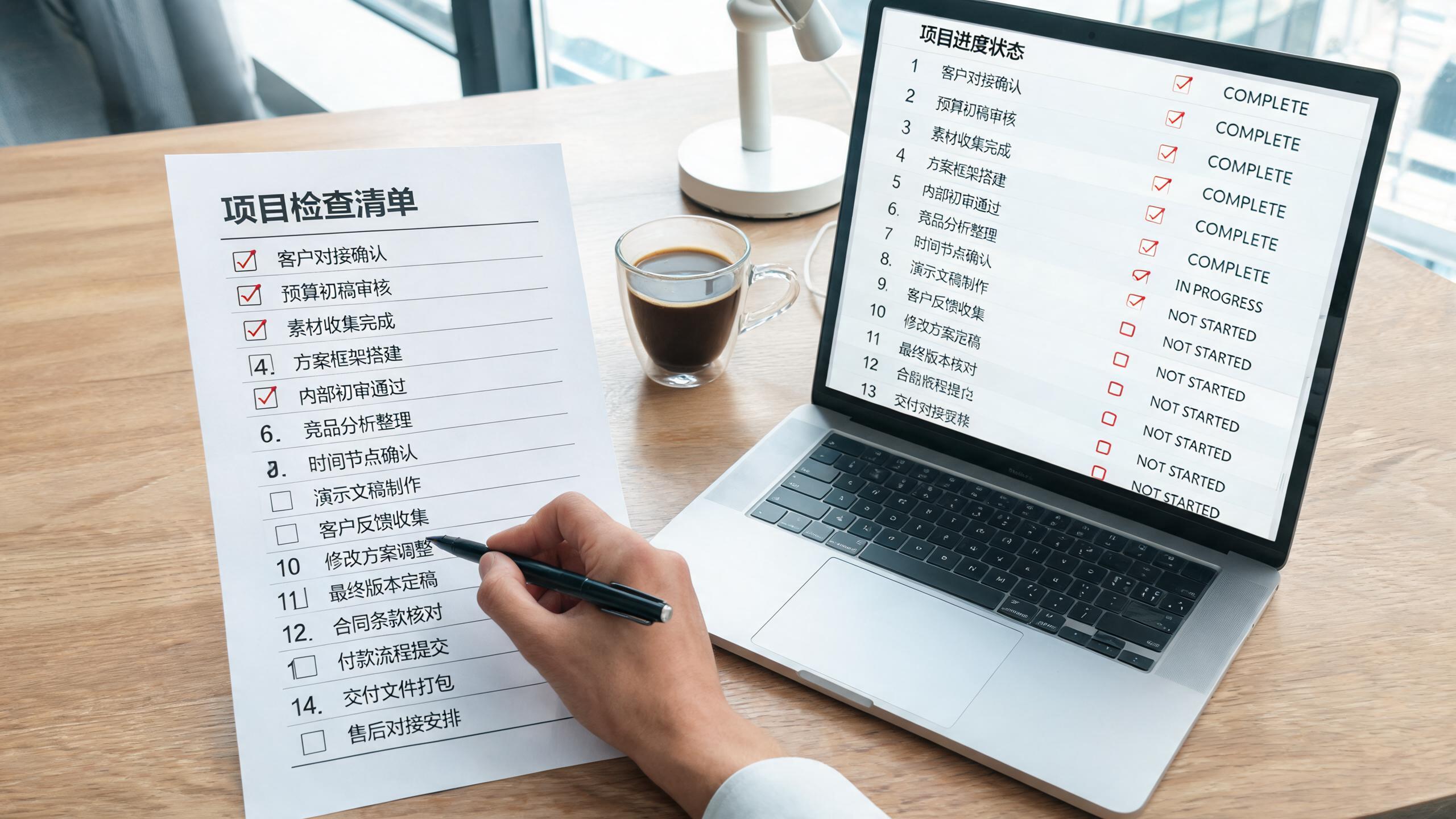 检查表场景：15项检查清单逐项打勾，旁边是各条线的状态面板