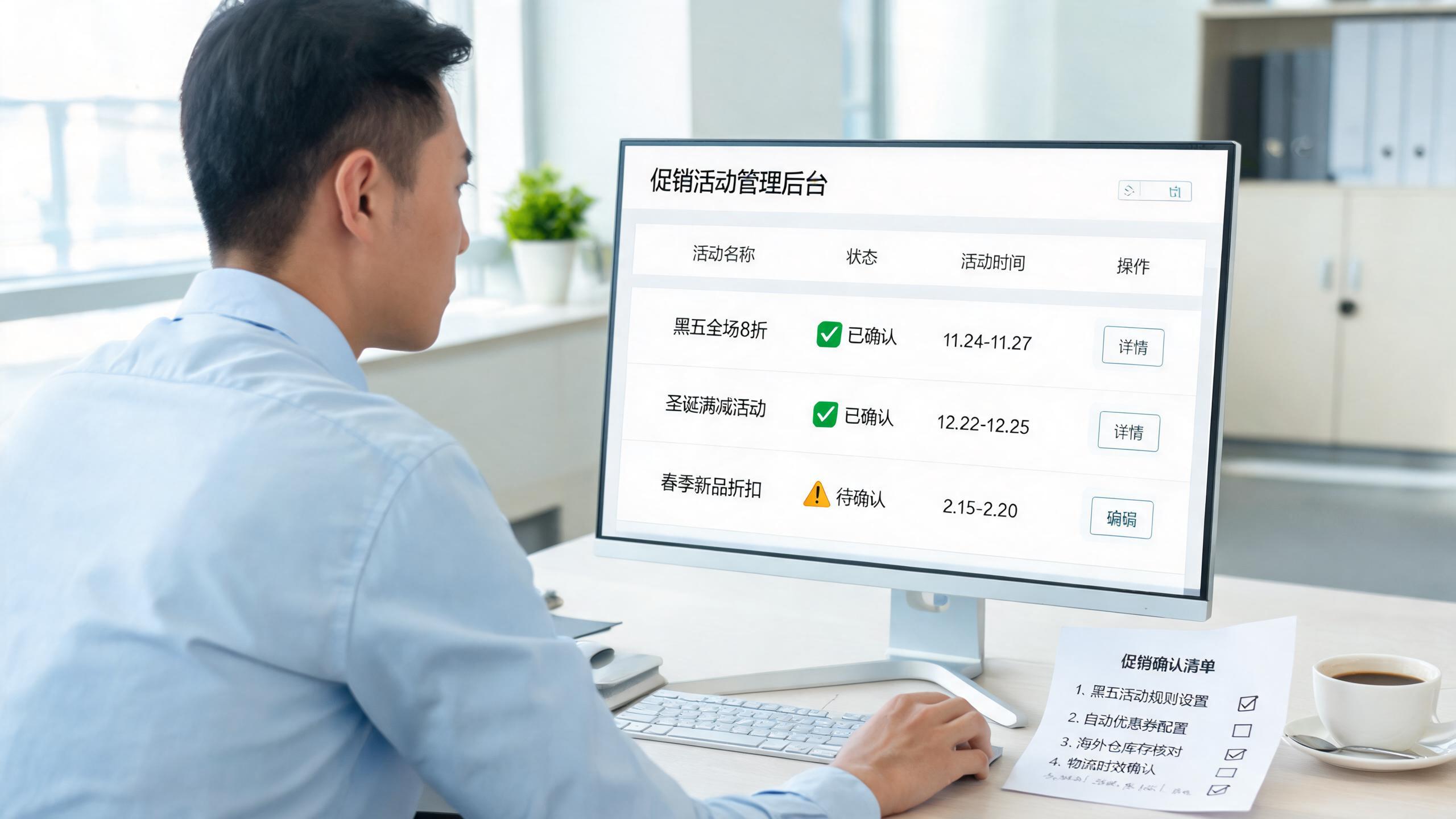 促销验证场景：屏幕上的促销管理后台与打勾的确认清单