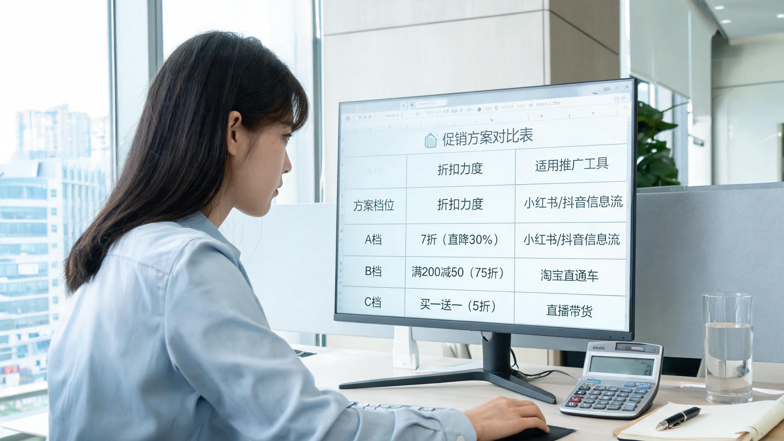 促销力度表场景：屏幕上的三档促销对比表格，标注折扣与工具