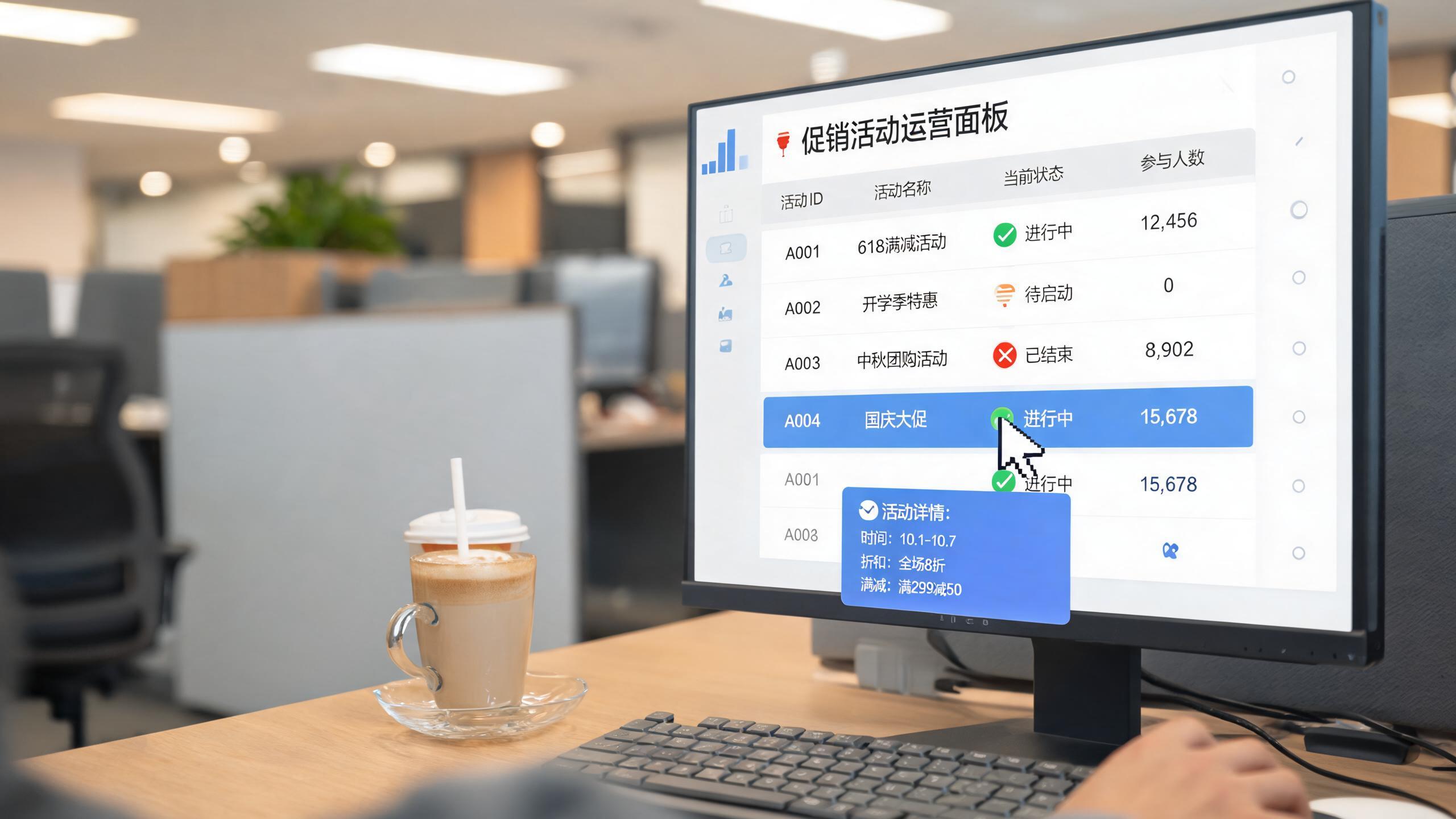 促销快检场景：屏幕上促销状态列表快速滚动，鼠标点开一个活动查看