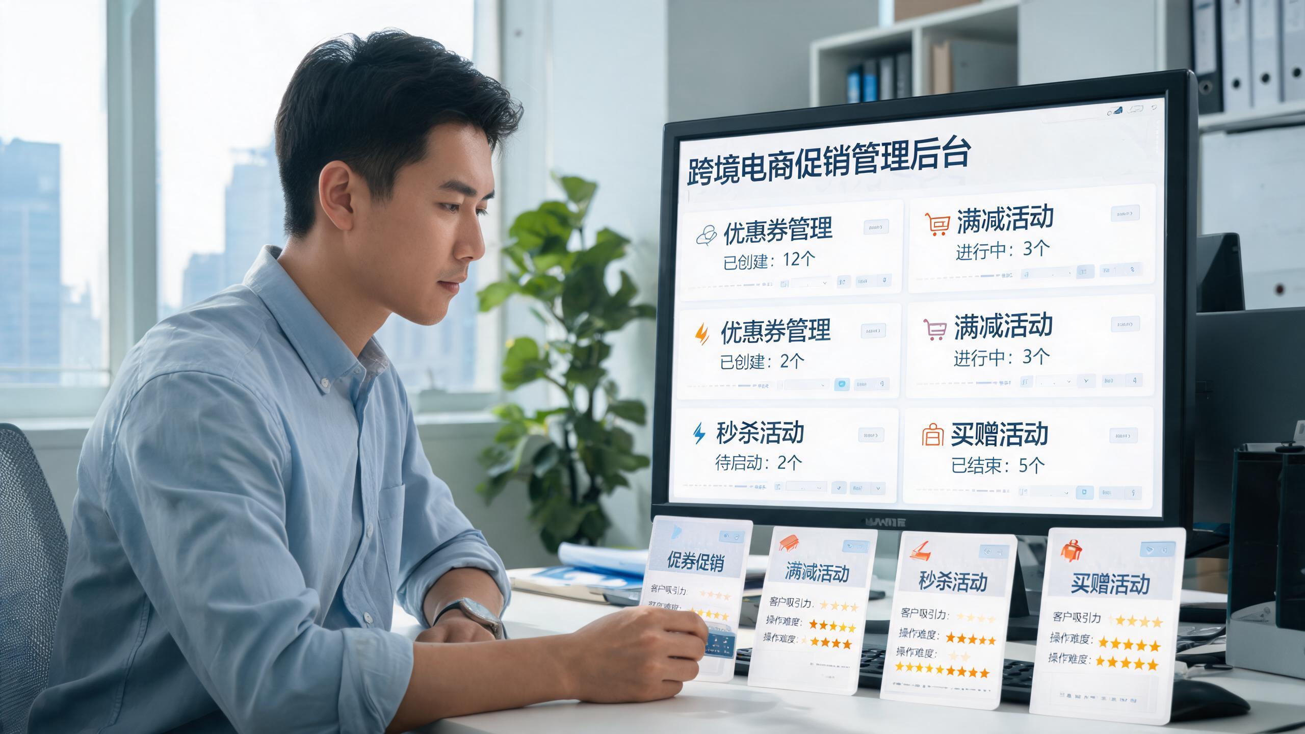 促销工具对照场景：屏幕上的促销管理后台与四种促销类型卡片