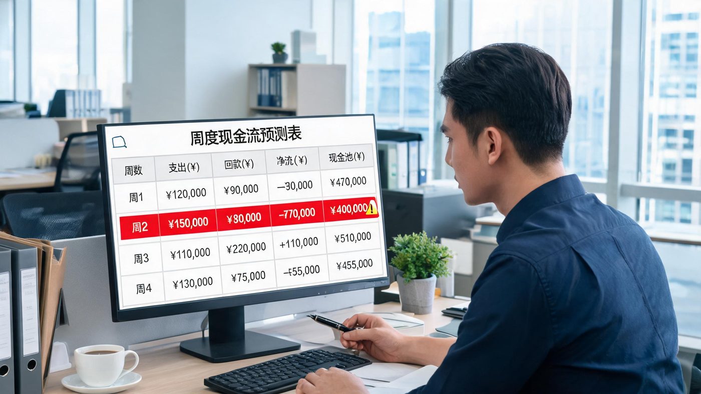 现金流管理场景：电脑表格展示周度现金流预测表与支出收入的时间轴图