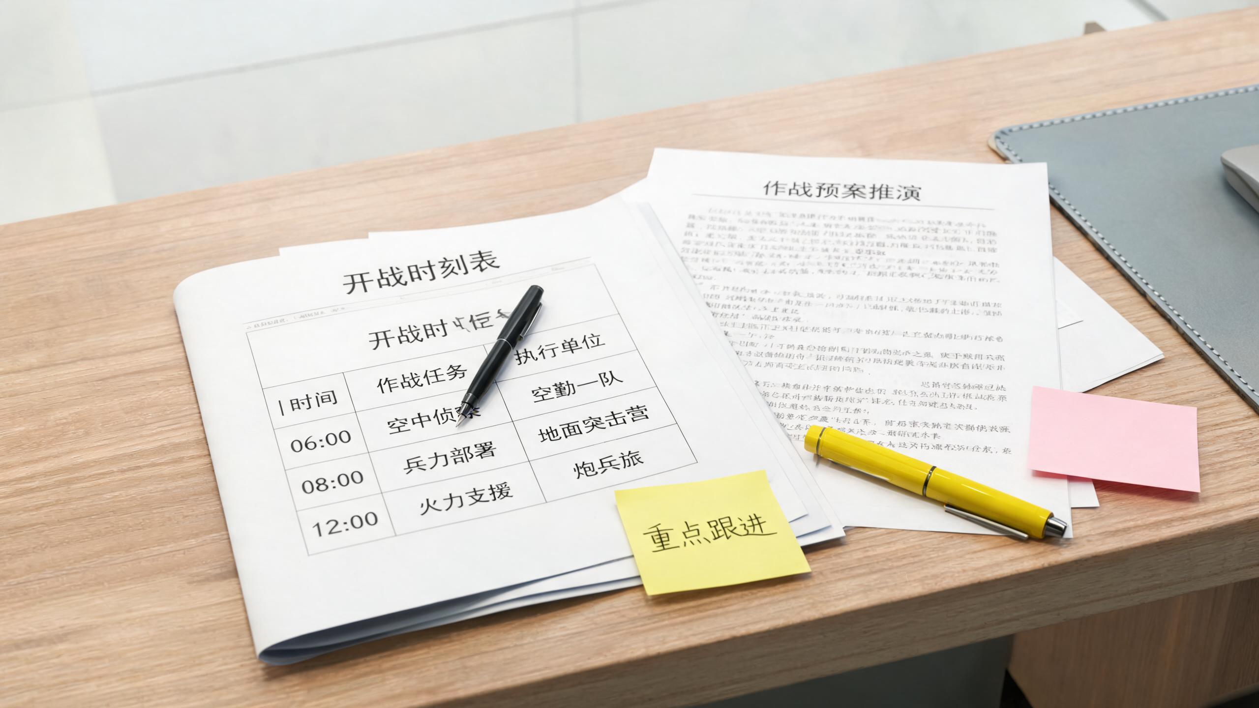 演练场景：桌上的开战时刻表与预案文档，笔在标注