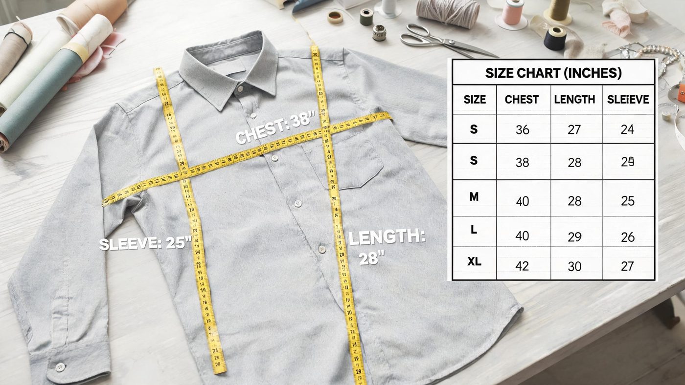 服装尺码优化场景：展示服装平铺测量图与详细尺码表对比画面