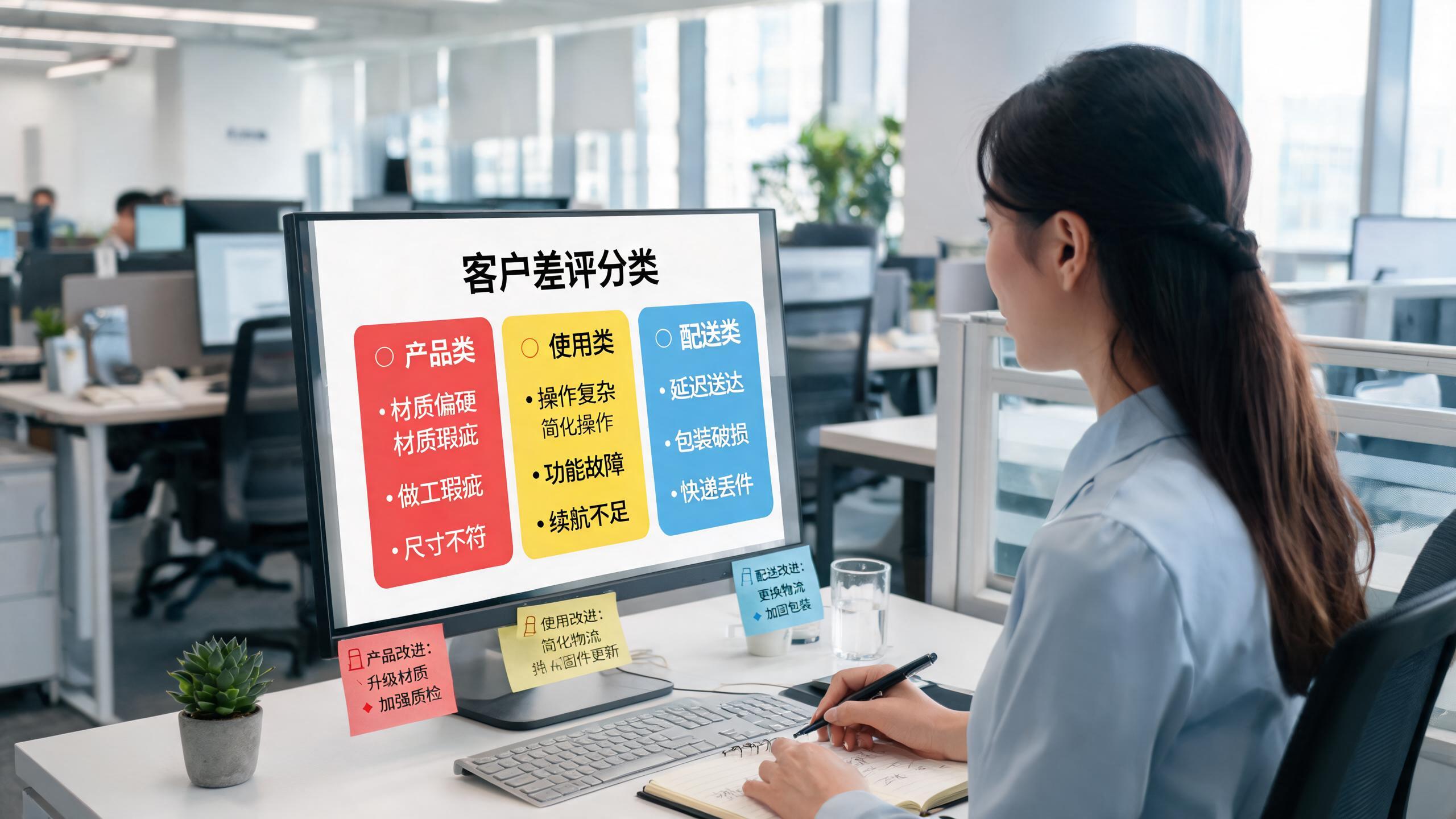 评价修复场景：屏幕上的差评列表被分类标注，旁边是改进计划便签