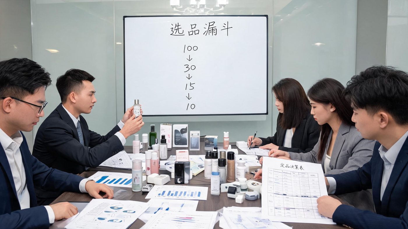 定品会场景：会议桌上摆满产品样品、数据报表和定品决策表