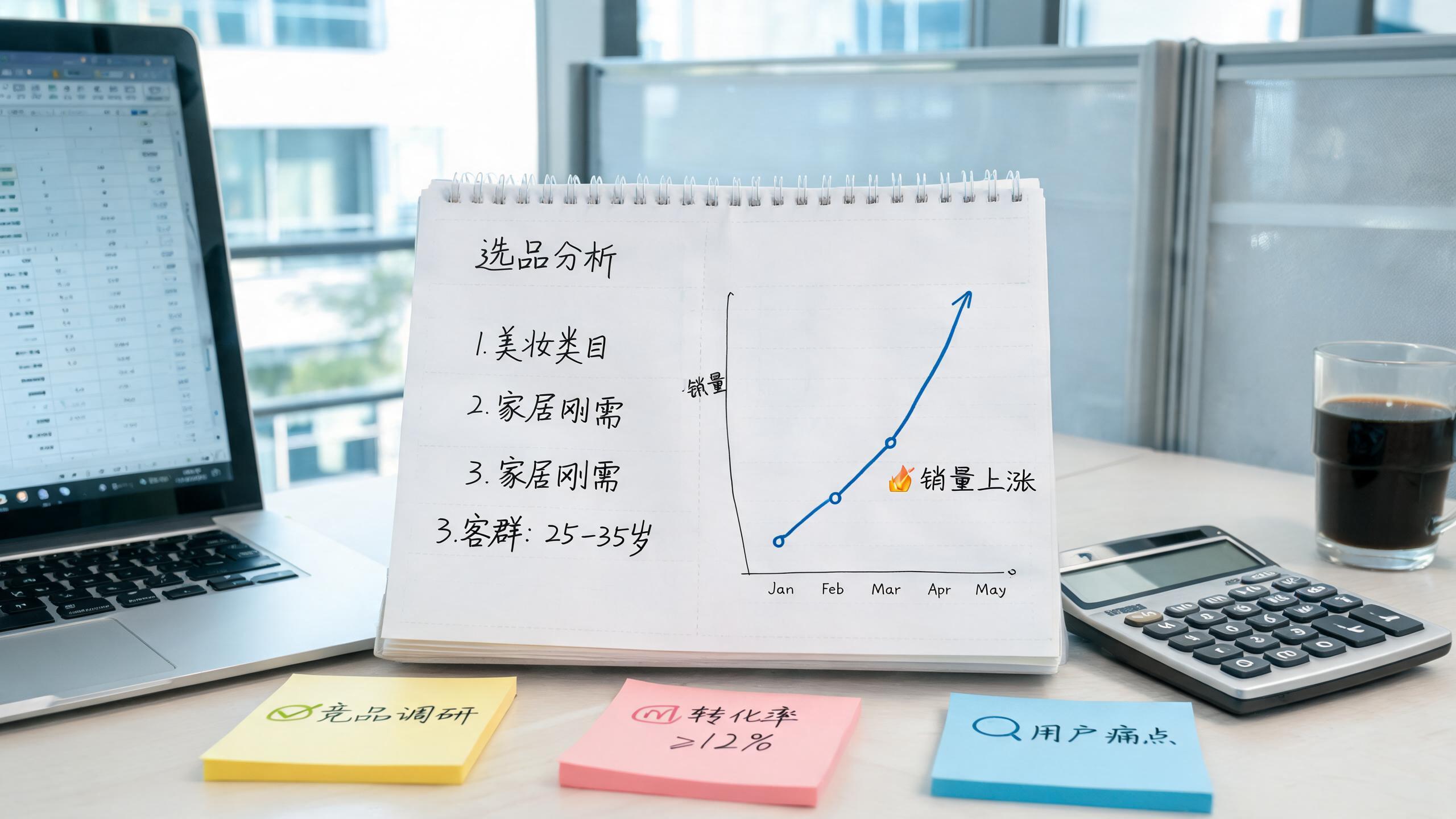 卖家成长场景：桌面上摊着选品分析笔记与销量曲线图