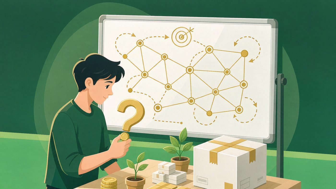 创业规划场景：白板上的阶段路线图、桌面上的产品样品与发货纸箱，硬币堆上长出幼苗