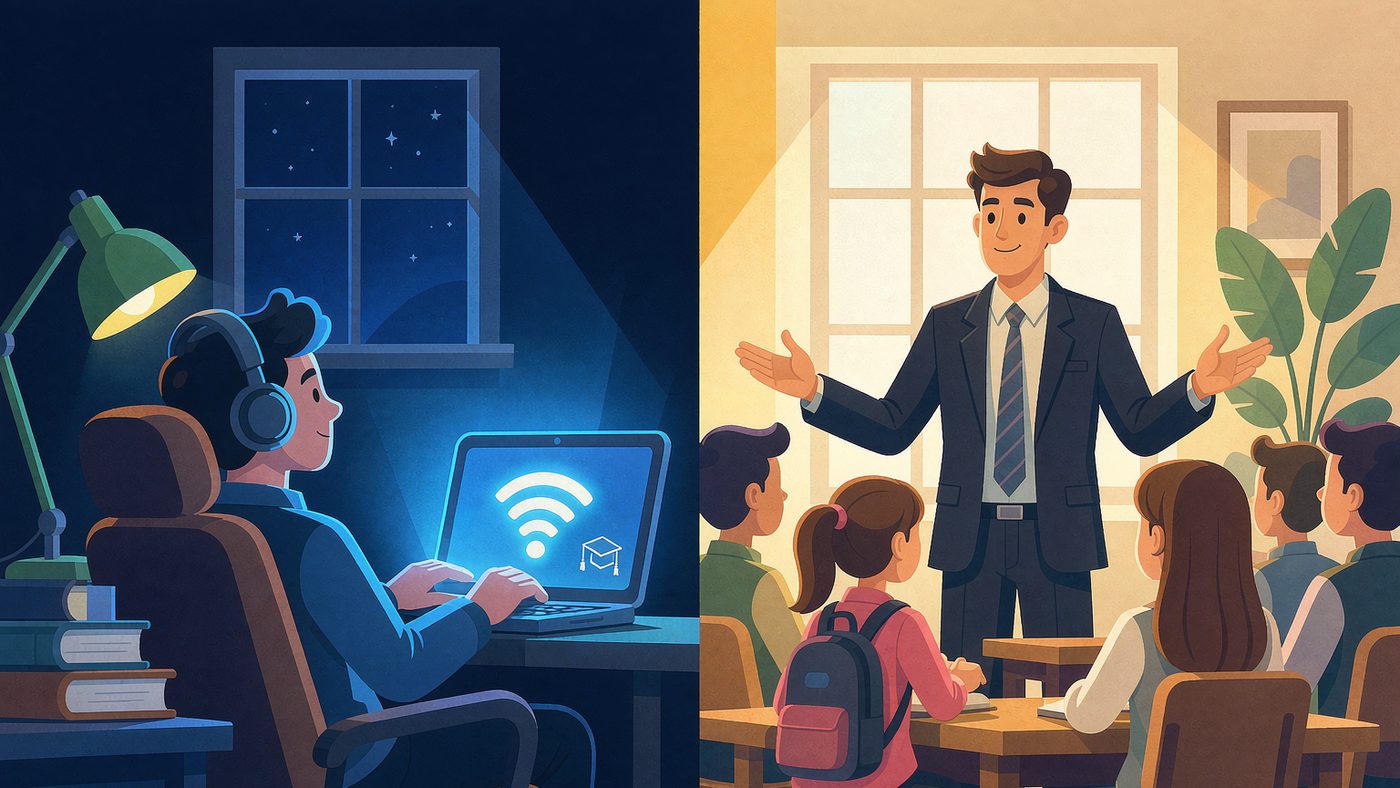 左右对比构图：左侧是夜间戴耳机在线学习的人，右侧是白天教室中的讲师与学员
