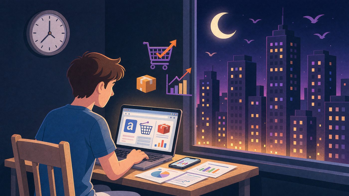 夜晚家中书桌前用笔记本做副业的场景：窗外城市夜景，挂钟指向傍晚