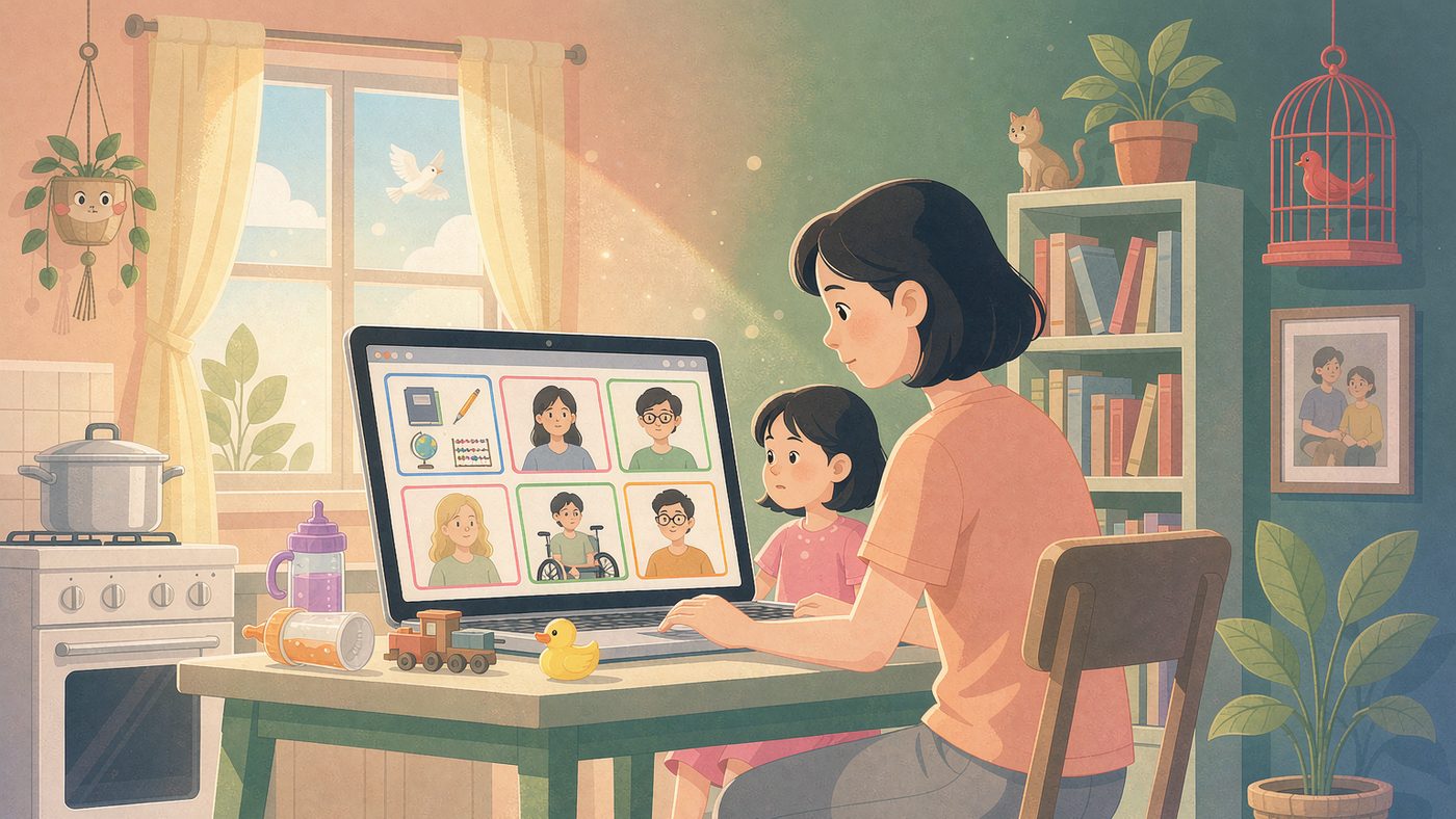 厨房餐桌上的线上课场景：笔记本播放课程画面，旁边有儿童玩具与奶瓶