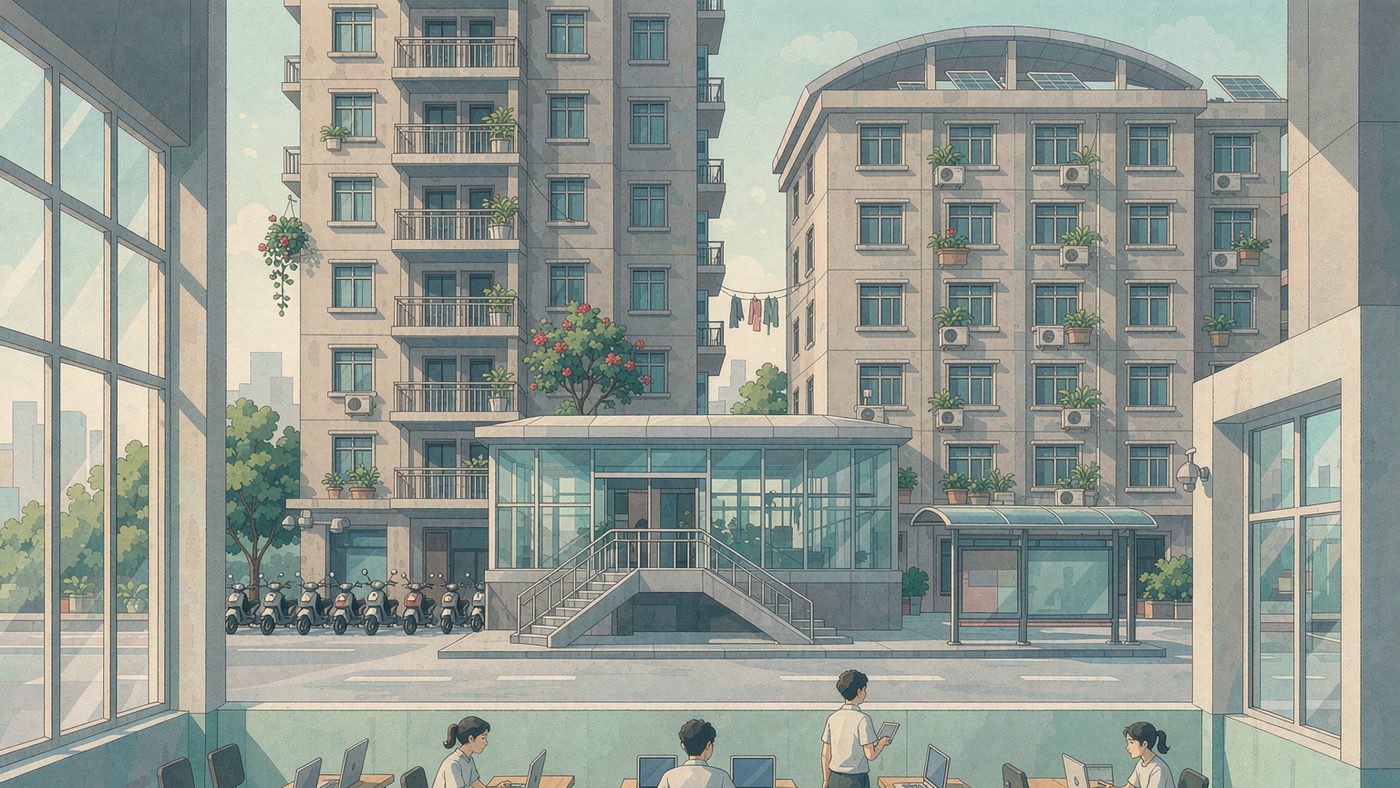 深圳布吉街区与地铁站入口，前景是摆放着笔记本电脑的小型培训教室