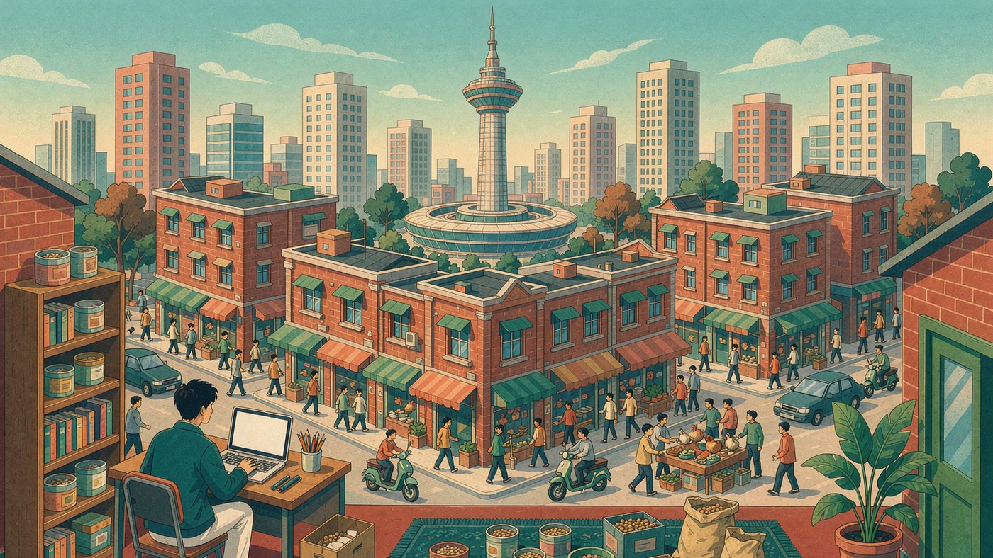 深圳罗湖地标塔楼与老商业街区，前景是跨境贸易课堂与货物样品