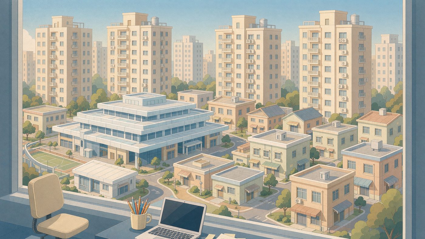 深圳民治居住区与轨道站台屋顶，前景是紧凑的书桌学习角落