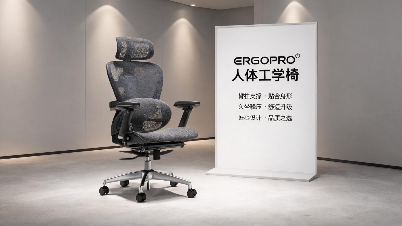 高端人体工学椅产品场景：展示设计感强的办公椅产品与品牌化的展示空间