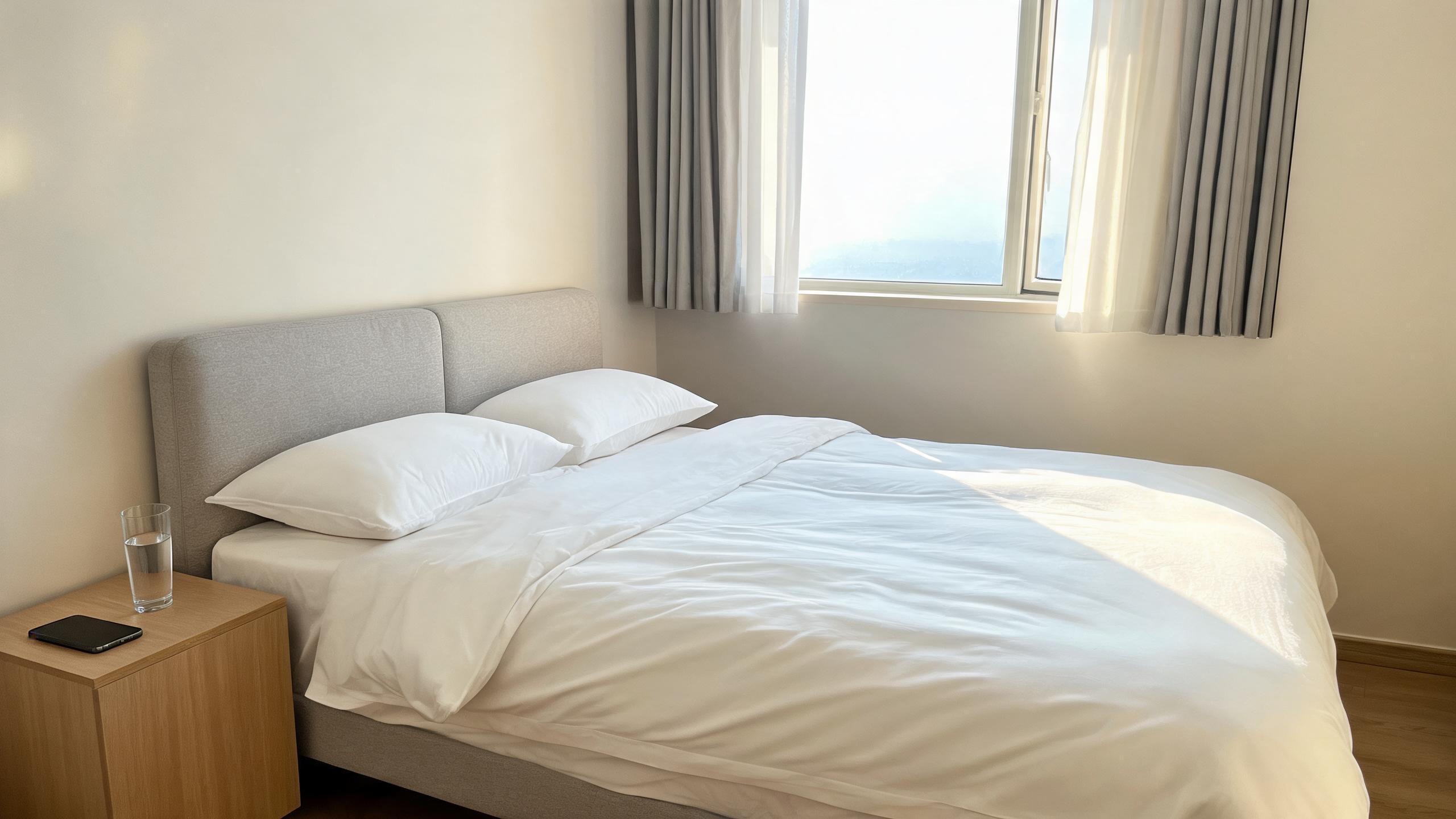 睡眠策略场景：安静卧室里的床与窗帘，清晨光线柔和